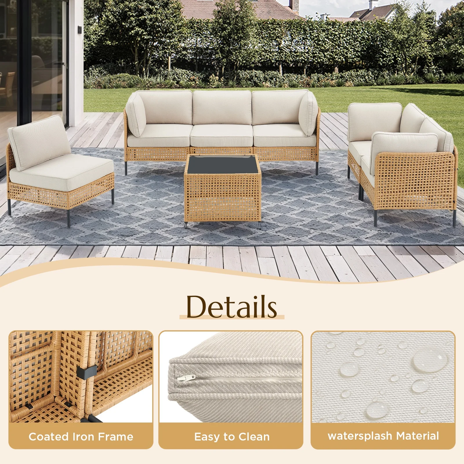 PPorfamilia Outdoor Modular Sectional Furniture Set, 7 Piece Natural PE Rattan Sofa Set with 2 Corner Chairs, 4 Middle Chairs, Side Table, and Beige Deep Seat Cushions, for Patio Backyard Deck