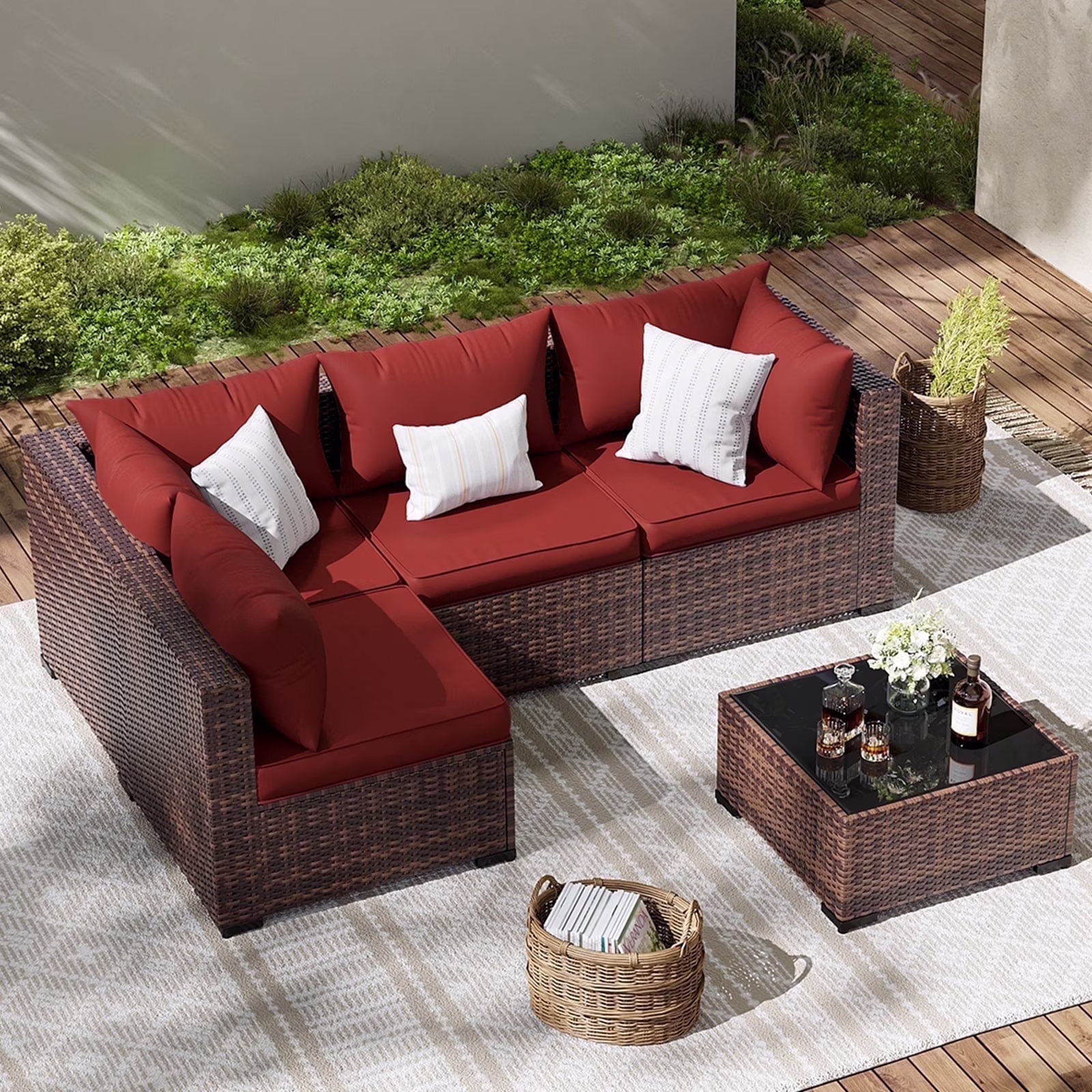 ELPOSUN Patio Furniture Set, Outdoor Patio Furniture Wicker Furniture Couch Set, 5 Pieces Outdoor Sectional Sofa, Patio Furniture Set, Outdoor Patio Set for Balcony Furniture (Grey) - Image 6