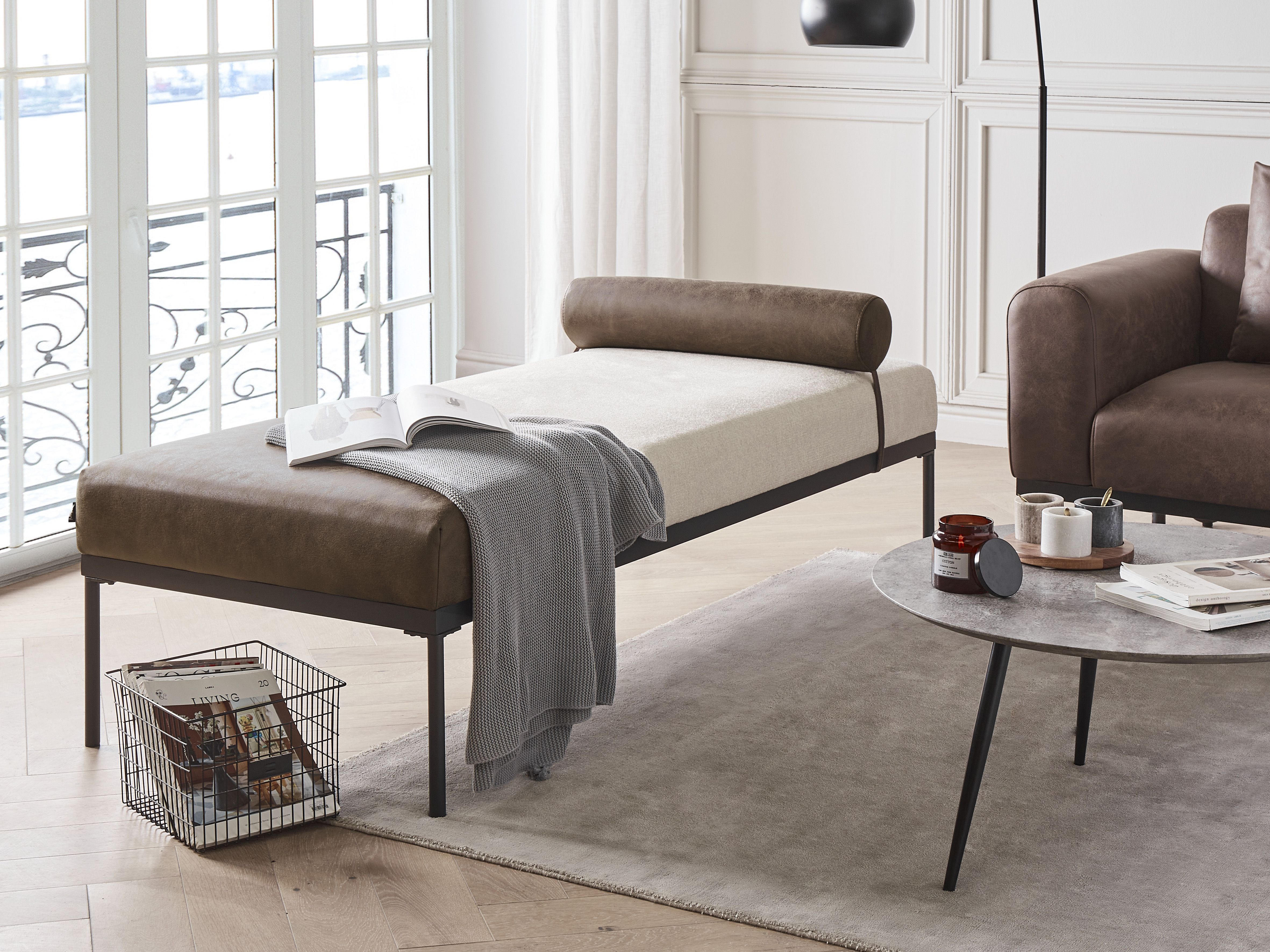 Chaise Longue MALMOS Faux Linen Faux Leather Dark Brown