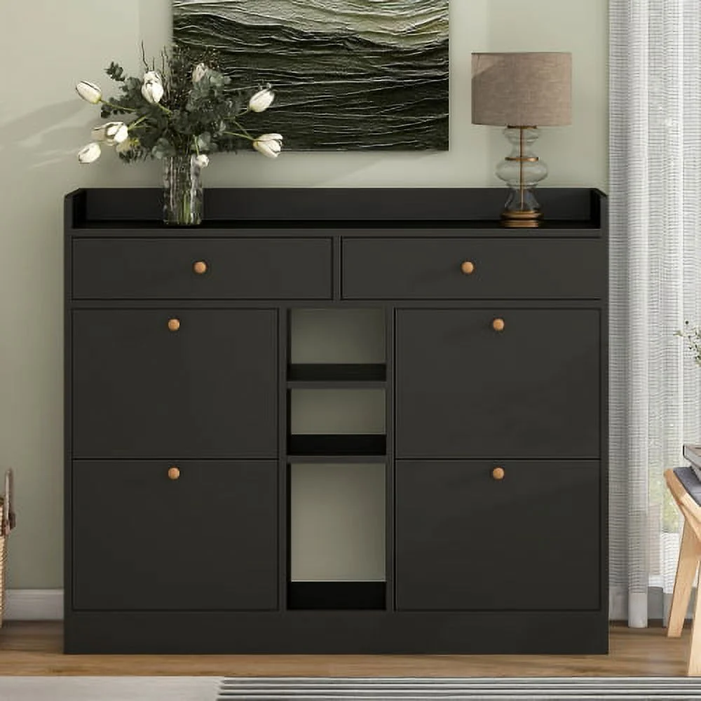 Aukfa Shoe Cabinet with 4 Flip Drawers and 2 Storage Drawers- Black - Image 2