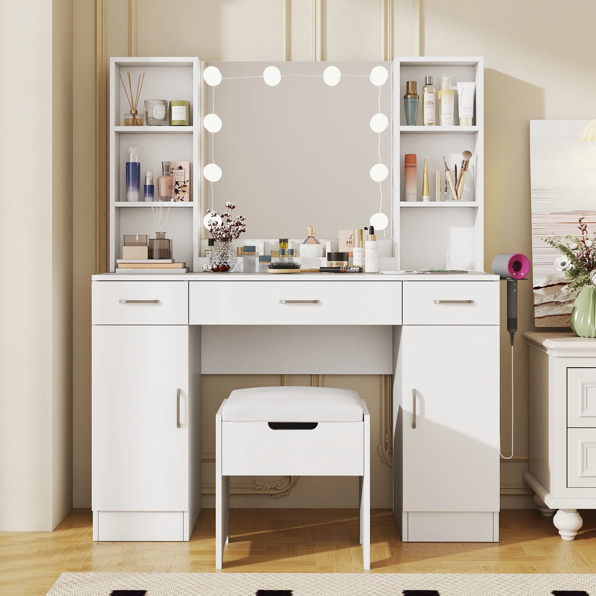 VEANERWOOD Large Makeup Vanity Set with Light Modern Makeup Vanity Table with Storage and Adjustable Lighting Colors for Bedroom 45.2in, White - Image 15