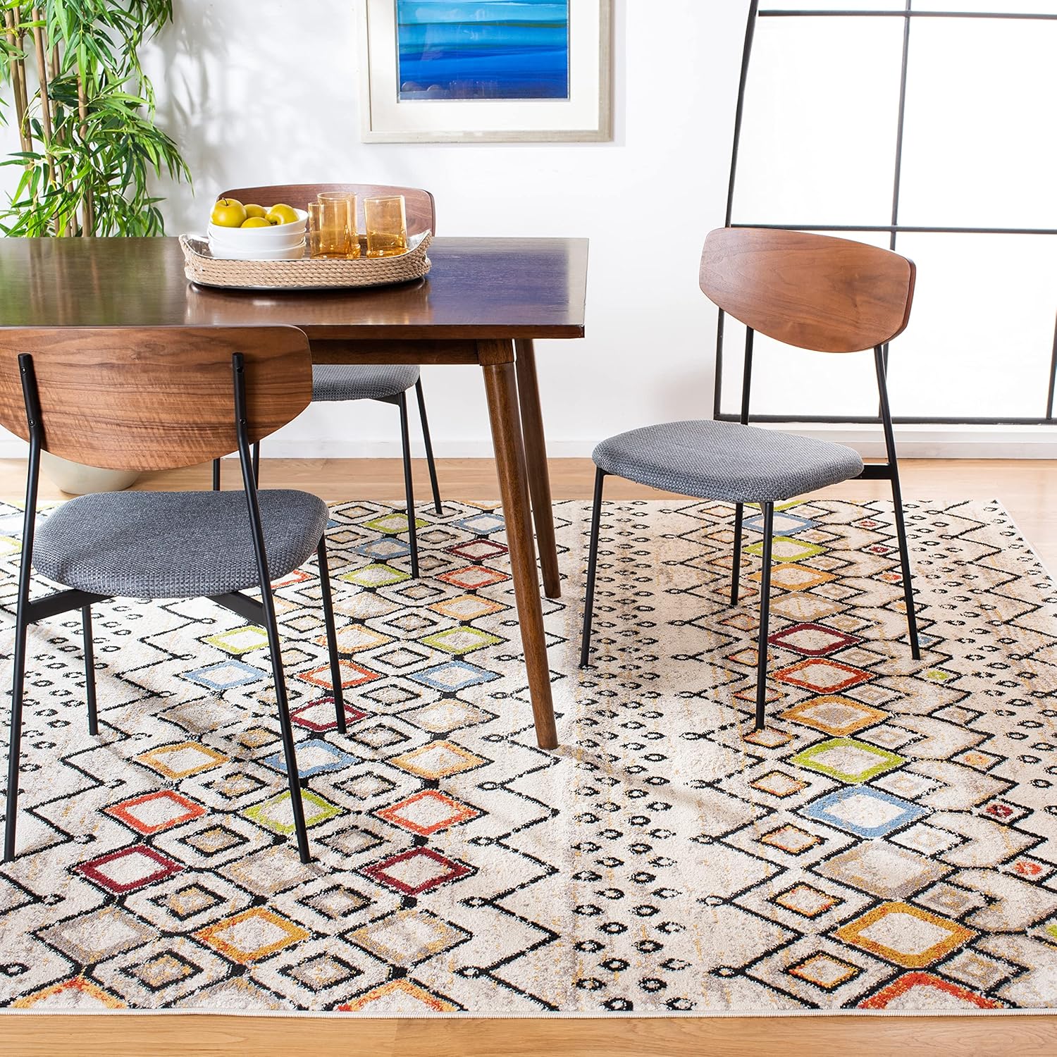 SAFAVIEH Amsterdam Collection Area Rug - 9' x 12', Ivory & Multi, Moroccan Boho Design, Non-Shedding & Easy Care, Ideal for High Traffic Areas in Living Room, Bedroom (AMS108K)