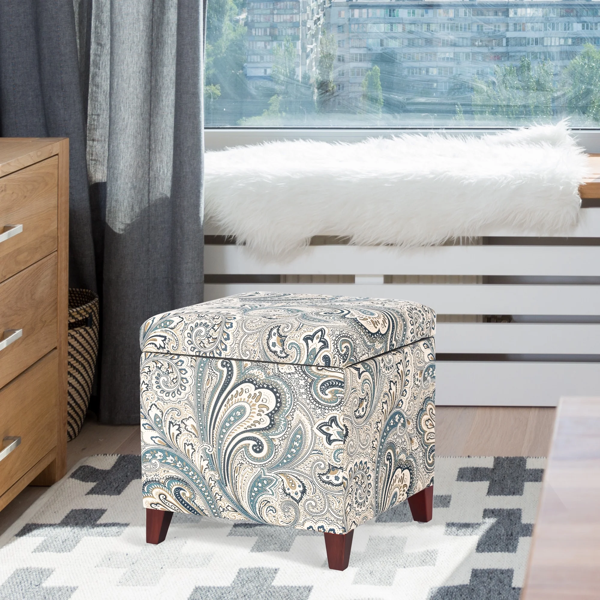 Homebeez Printed Linen Cube Storage Ottoman with Solid Wood Legs, Cube Footstool, Storage Cabinet, 18