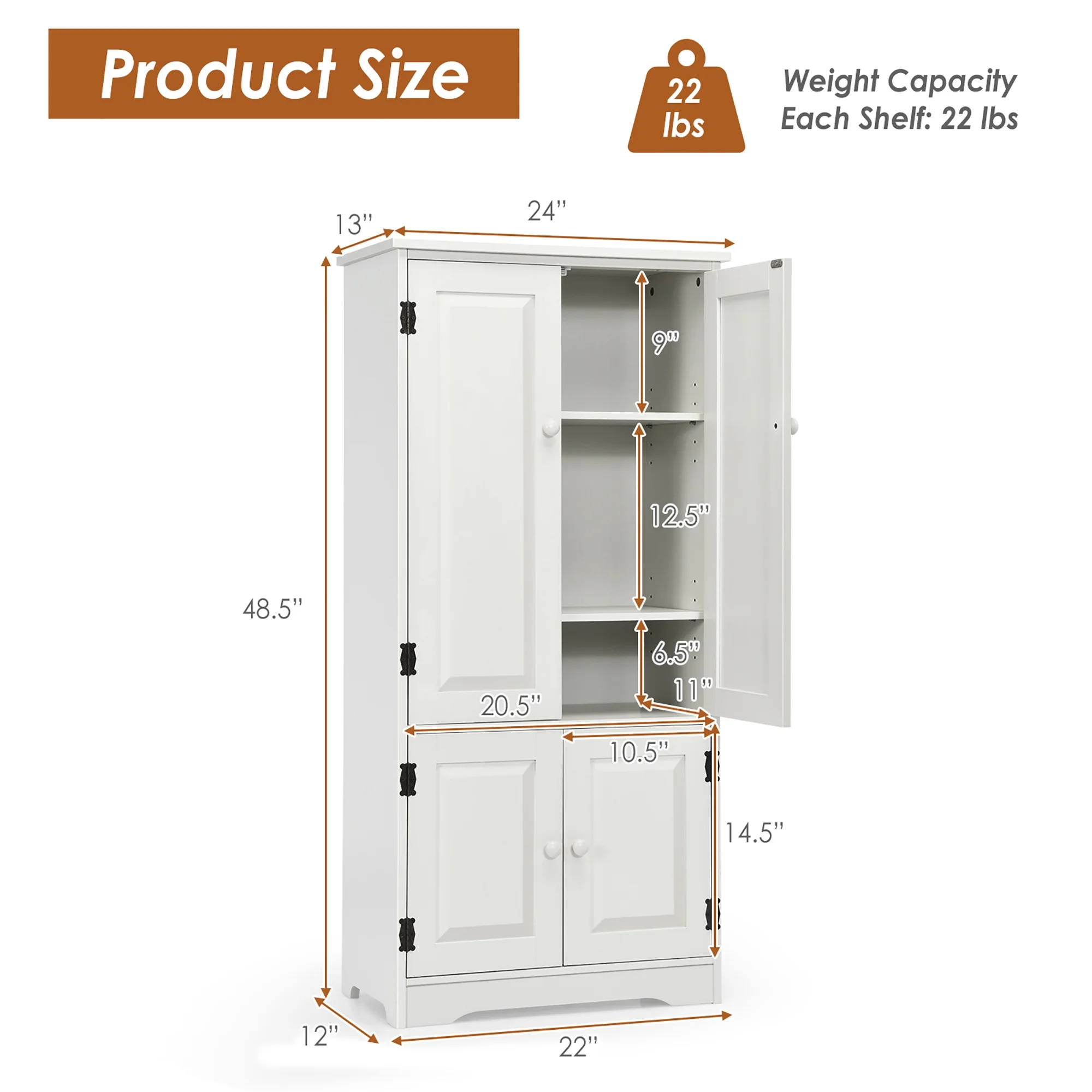 Costway Accent Floor Storage Cabinet W/ Adjustable Shelves Antique 2-Door Cream White - Image 5