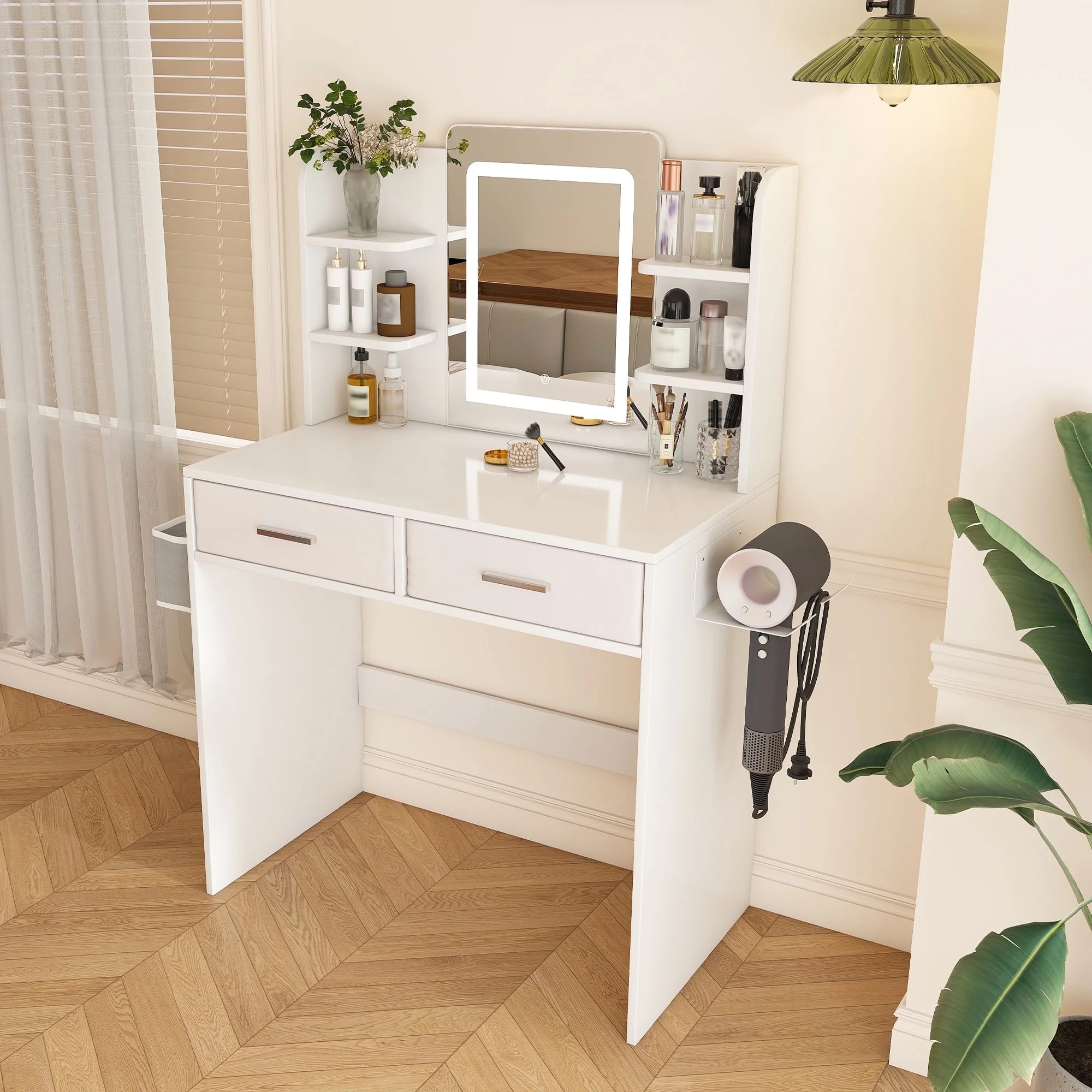 Montary Modern Mini Vanity w/Adjustable LED Mirror + Hidden Storage, Padded Stool & Dustproof Shelves (White) - Image 94