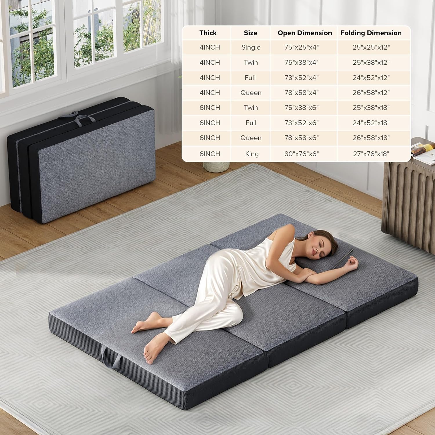 Trifold Mattress Queen Size 4 Inch - Foldable Memory Foam Mattress for Camping, Travel, RV, Guest Bed & Yoga - No Slip Bottom, Washable Cover with Handles - Portable Folding Floor Cushion 78