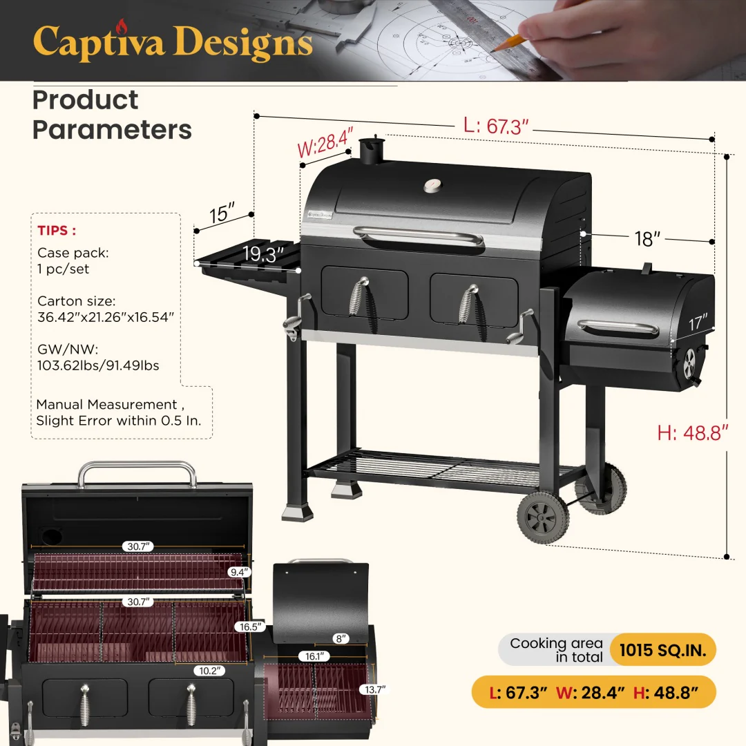 Captiva Designs 2-In-1 Charcoal Grill Smoker Combo