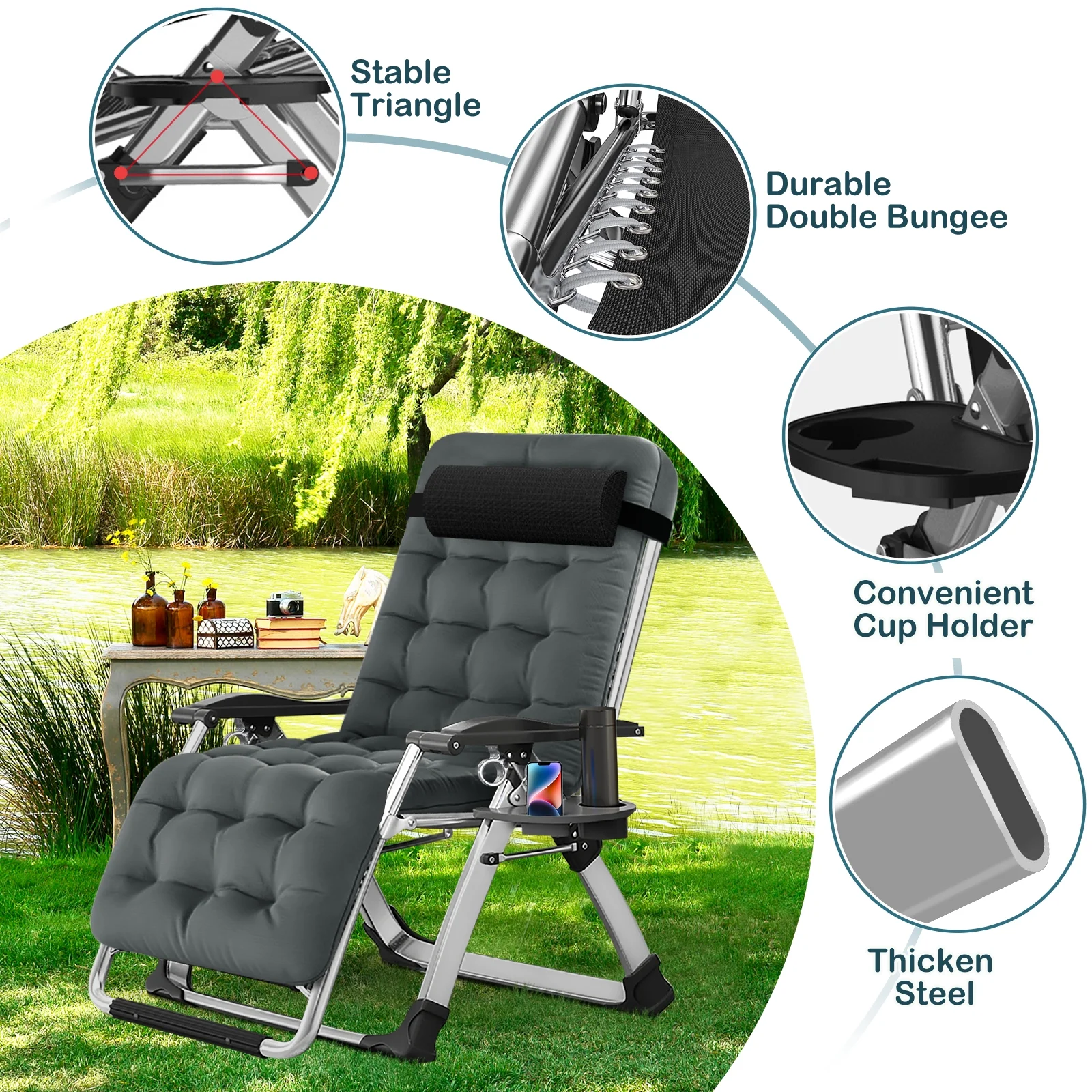 NAIZEA Zero Gravity Chair with Removable Cushion and Cup Holder Black - Image 17