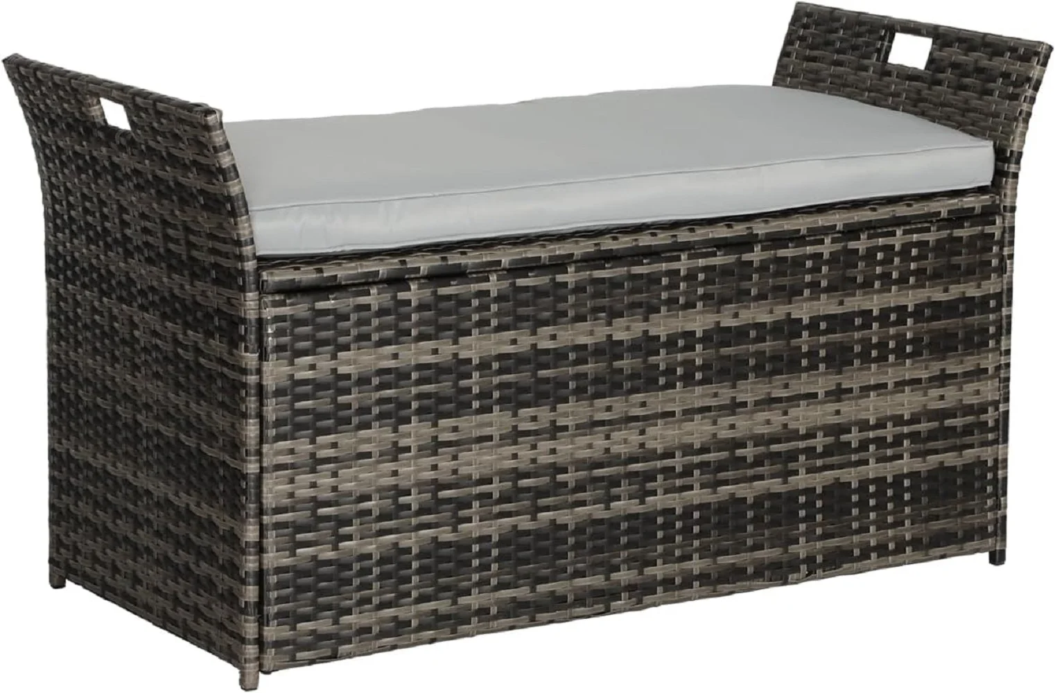 SOLAURA 90 Gallon Patio Wicker Storage Bench w/Cushion, Outdoor Rattan Deck Storage Box w/Handles & Hydraulics, Gray