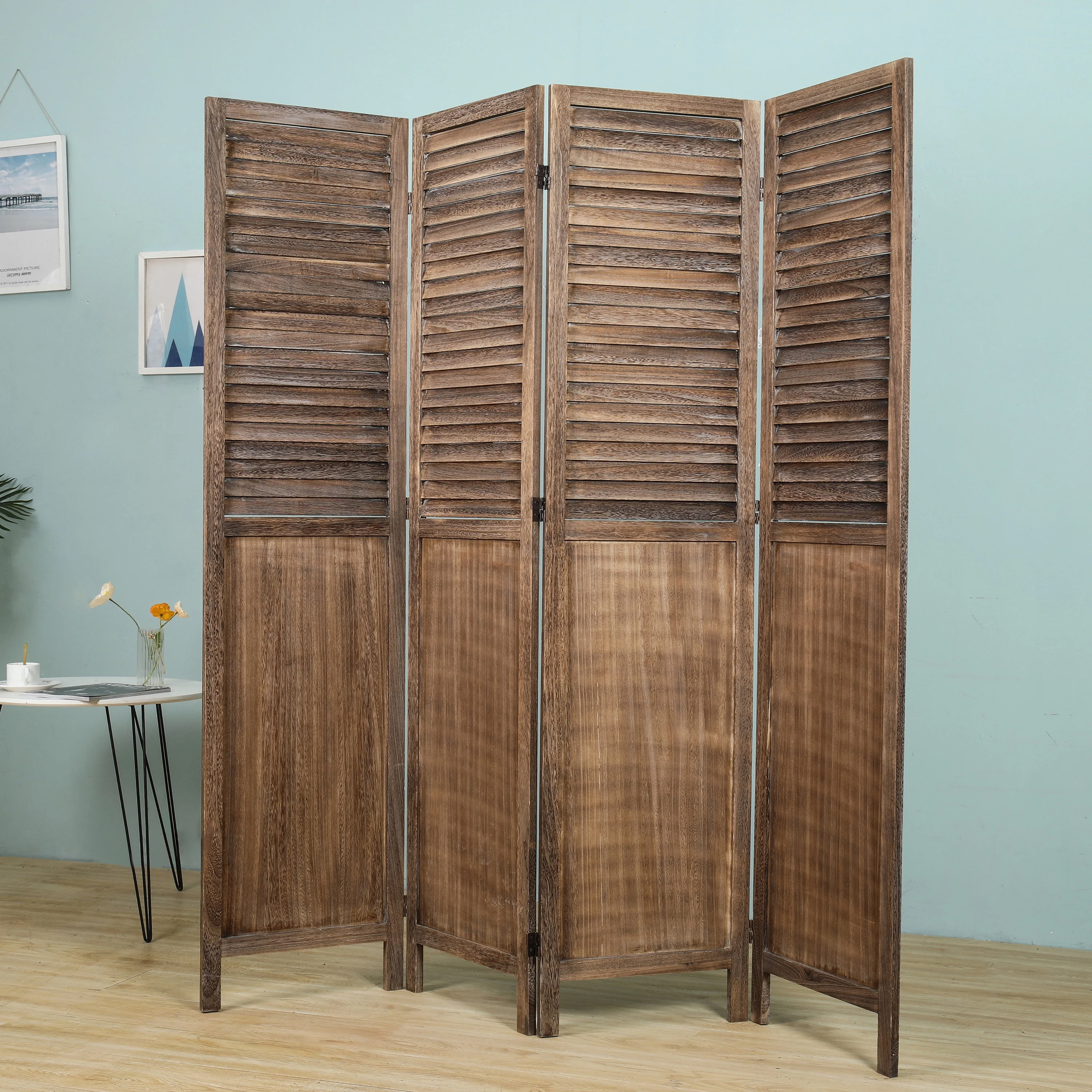 Light Brown 4-Panels Room Divider w/ Window Shutter Style
