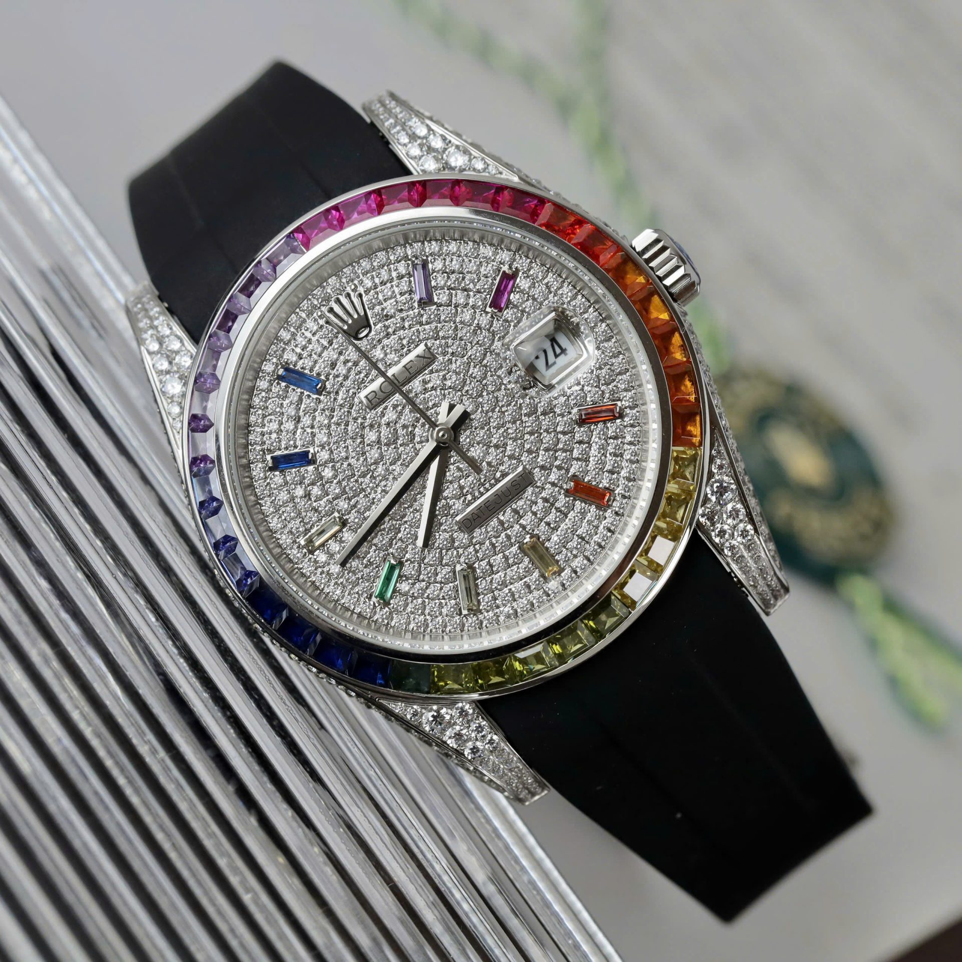 Rolex DateJust Rainbow Fake Watch Rubber Strap 41mm - Elite Watch Atelier