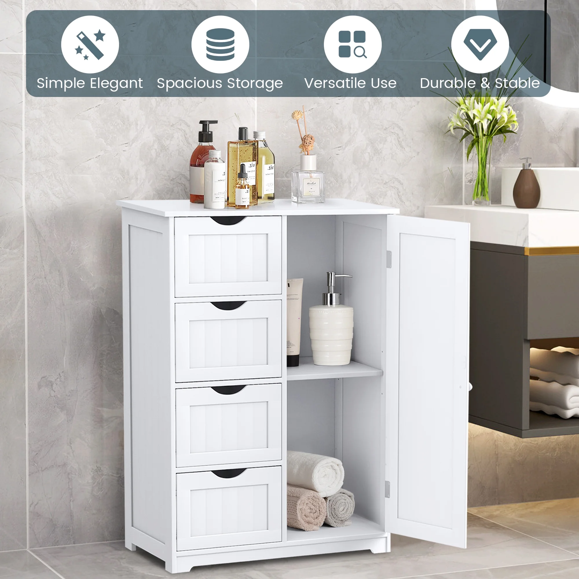 Bathroom Storage Wooden 4 Drawer Cabinet Cupboard 2 Shelves Free Standing White