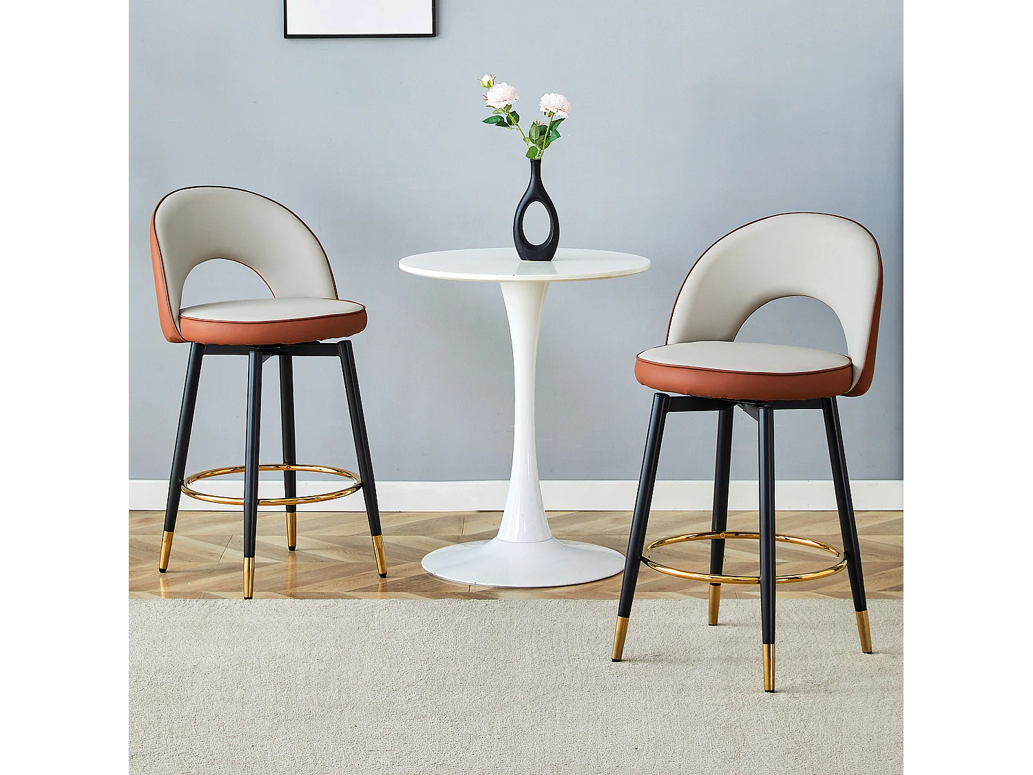 Lot de 2 tabourets de bar pivotant en simili cuir PU - Coussins d'assise gris clair et marron