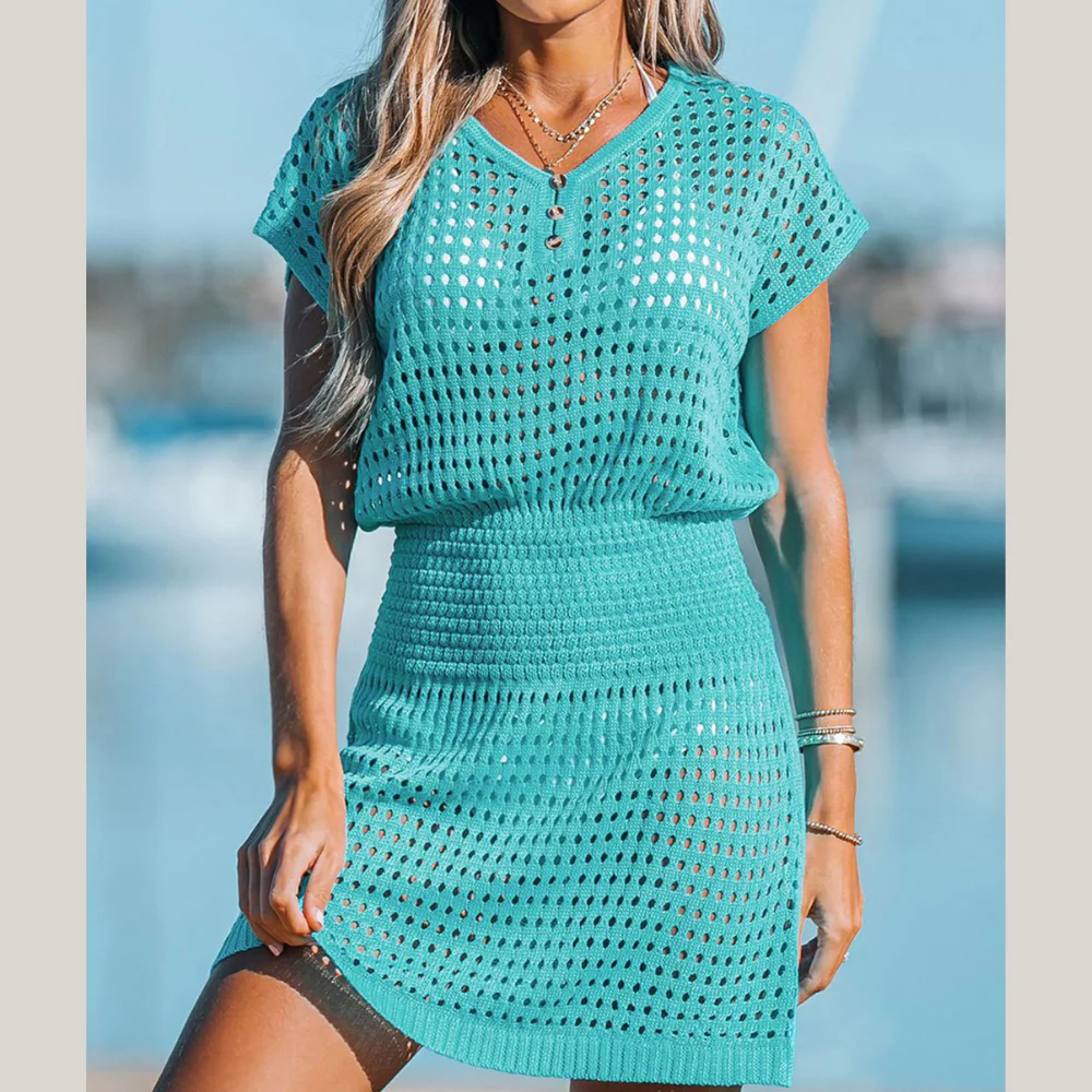 Openwork V-Neck Short Sleeve Cover Up - ZKZOOK