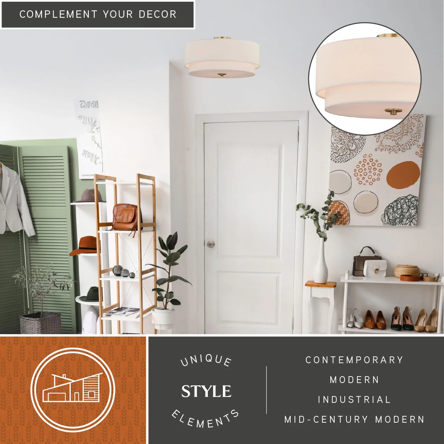 Burnaby 20.5-in W Brass Mid-Century Modern Drum Semi Flush Mount Ceiling Light White Linen