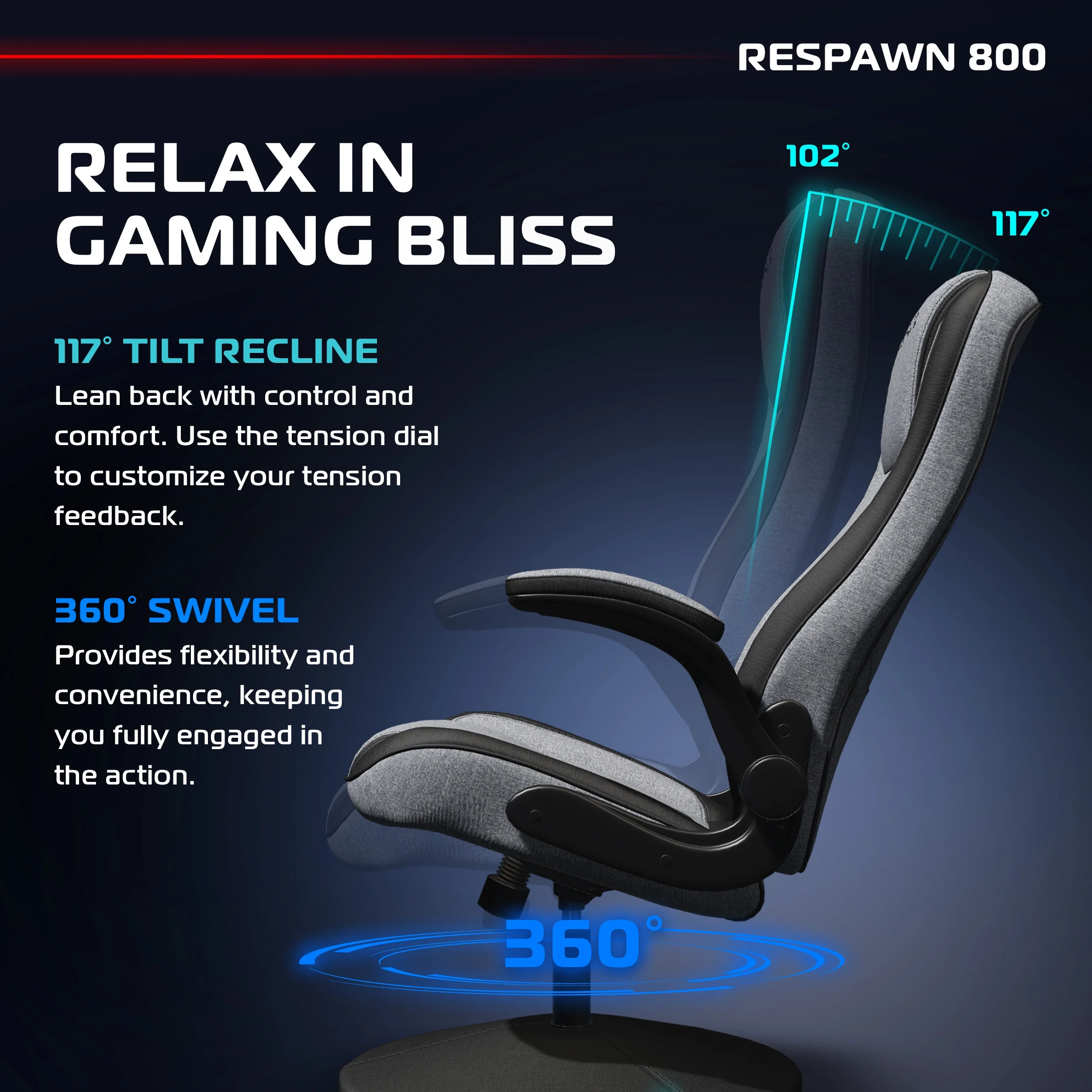 RESPAWN 800 Swivel Rocker Gaming Chair - Ergonomic Floor Gaming Seat with Lumbar Support, Flip Up Armrest, High Back, Pedestal Base, Comfortable No Wheels Console Video Game Rocker Chair - Red - Image 42