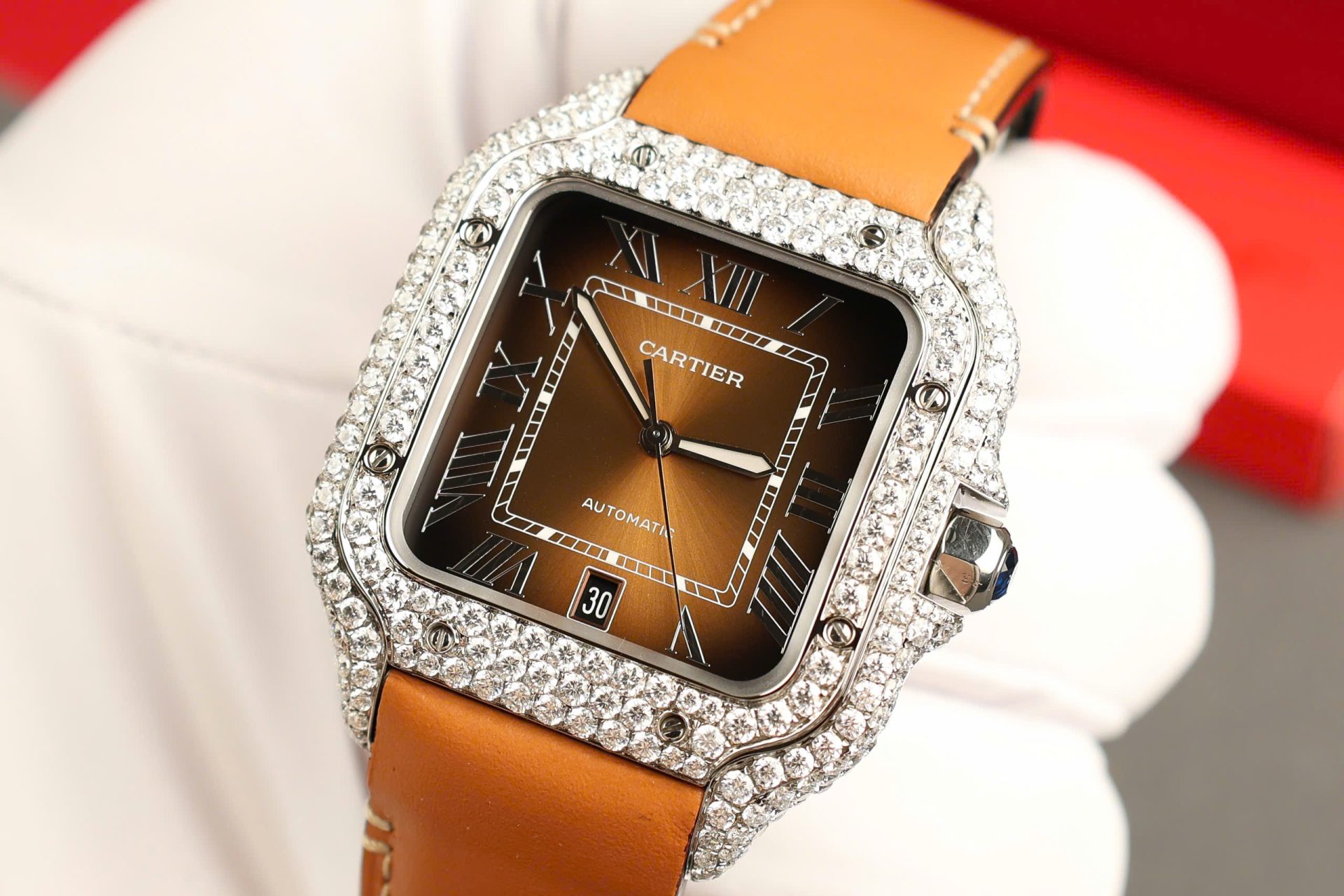 Cartier Santos Brown Dial Copies Watches Custom Diamonds Moissanite BV Factory 39.8mm - Top club