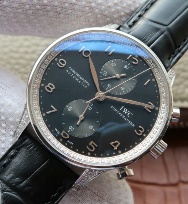Replica IWC ZF Portuguese Chrono IW371447 Diamonds Bezel Leather Strap - Elite Watch Atelier