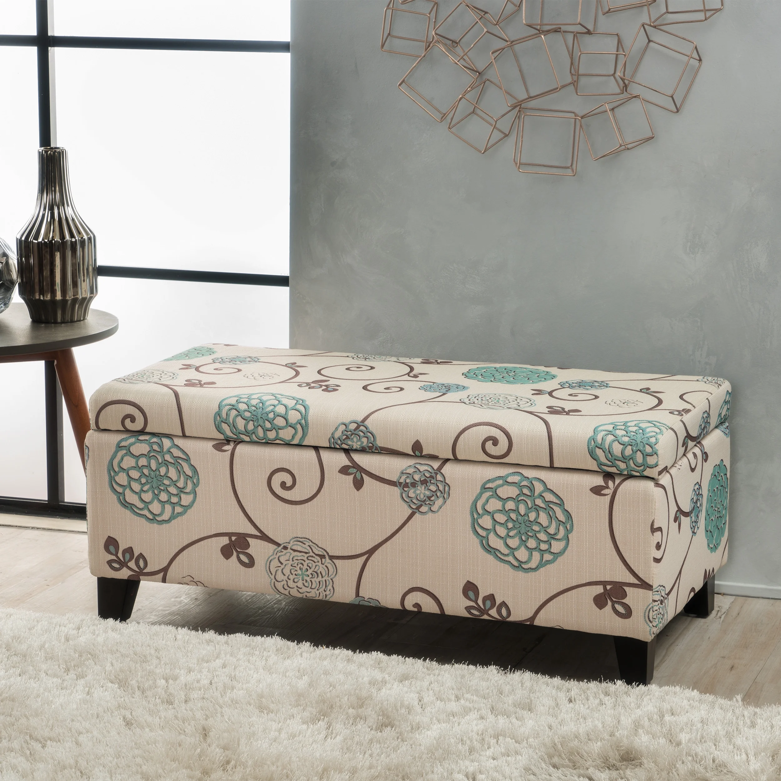 Noble House Hampton Contemporary Fabric Upholstered Storage Ottoman, White and Blue Floral - Image 10