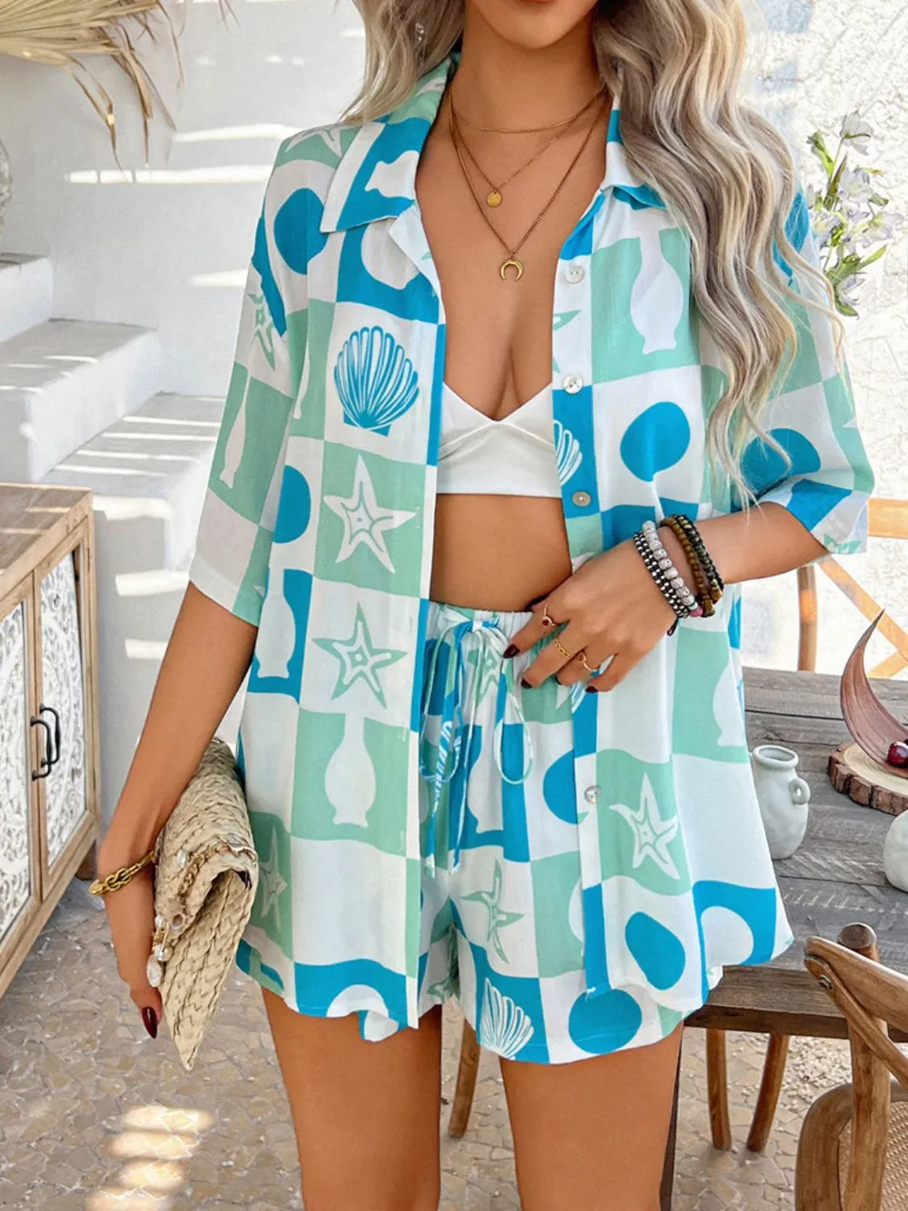 Devine Printed Button Down Shirt and Shorts Set - ZKZOOK