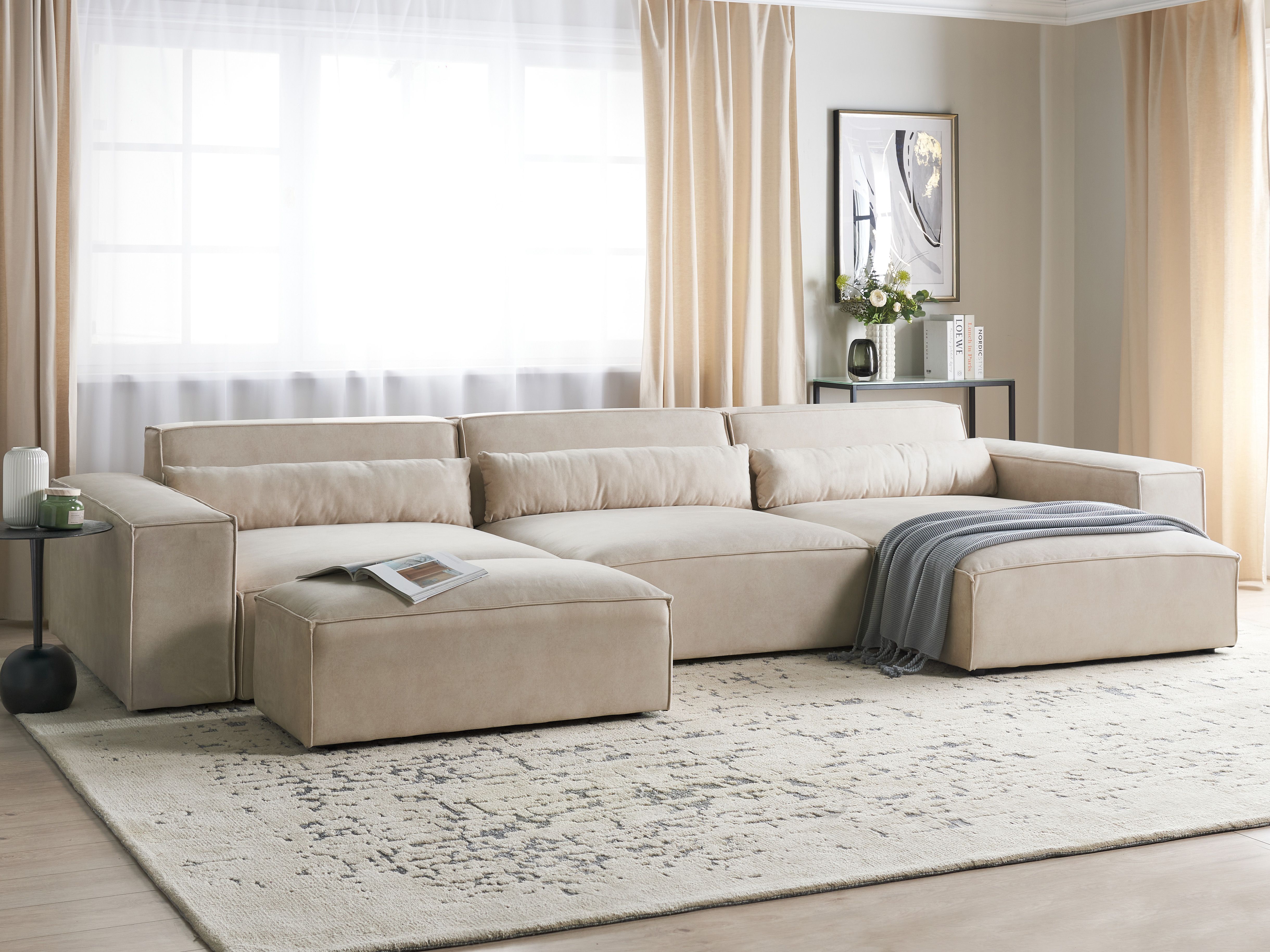 Modular Corner Sofa 5 Seater HELLNAR Velvet Light Beige with Ottoman Left Hand