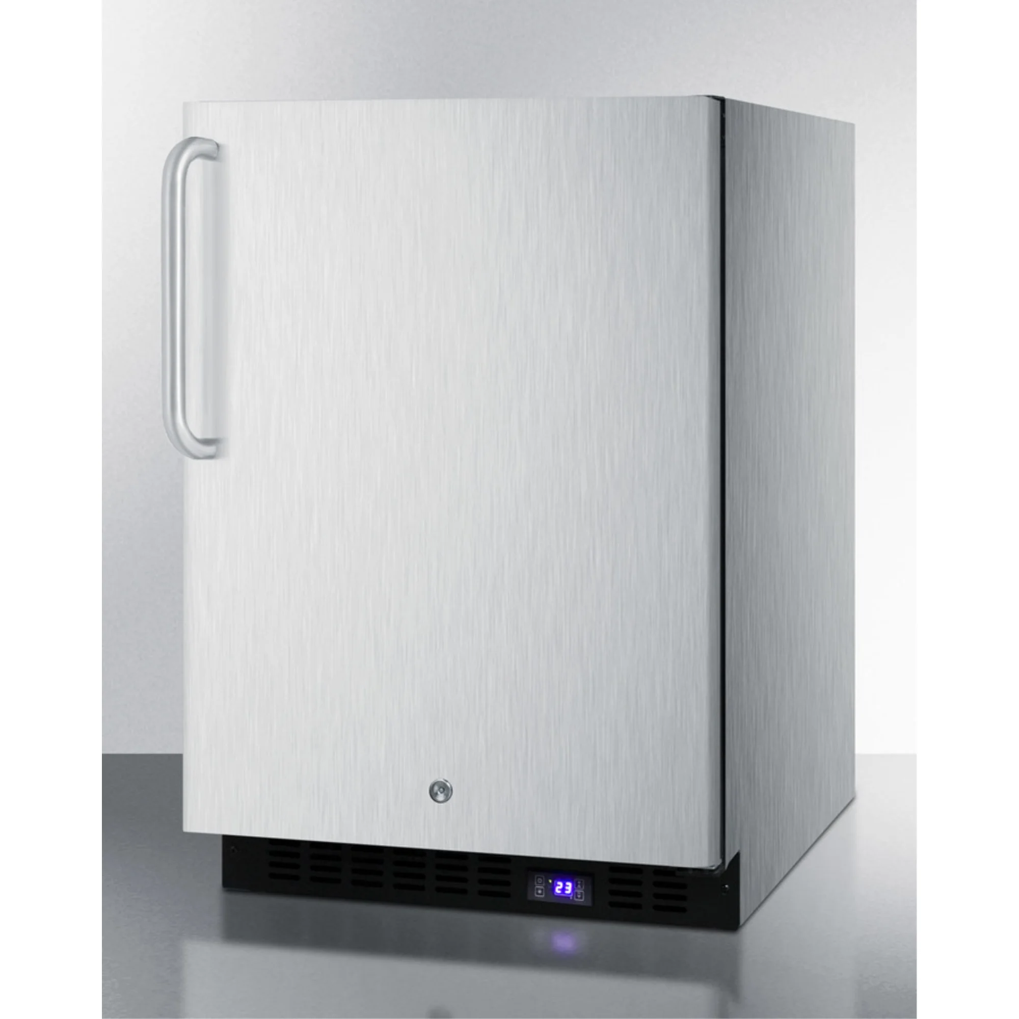 Frost-free outdoor all-freezer in complete stainless steel, w/digital thermostat, LED lighting, towel bar handle, and lock; built-in or freestanding