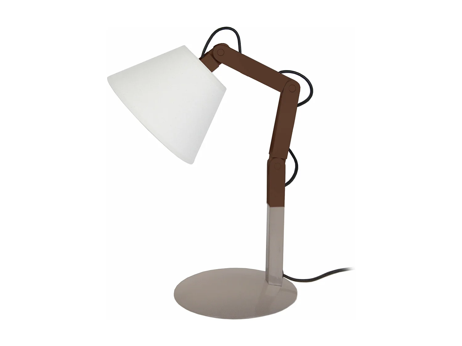 Lampe de chevet articulé curvé bois wangué,cone écru 45 cm.