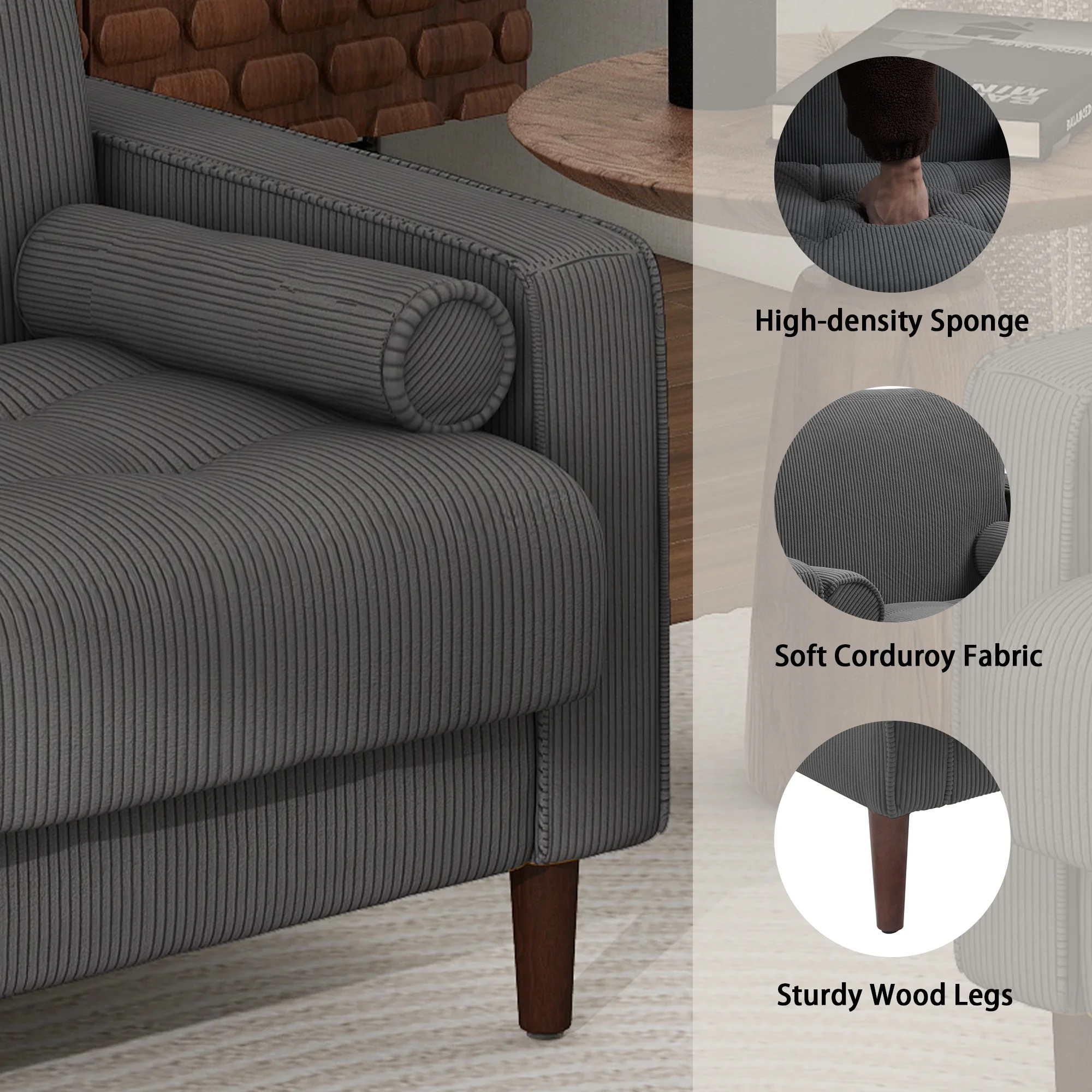 UIXE Corduroy Accent Chair Modern Upholstered Arm Chairs Comfy Reading Armchair with Pillow Armrest Tufted Living Room Single Sofa Lounge Seat, Yellow - Image 10