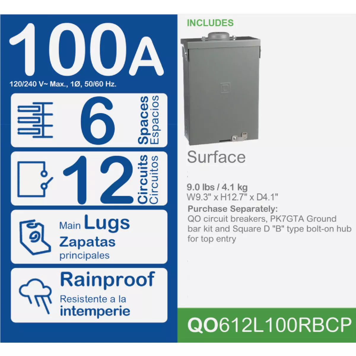 Square D QO 100A 6-Space 12-Circuit Raintight Main Lug Load Center