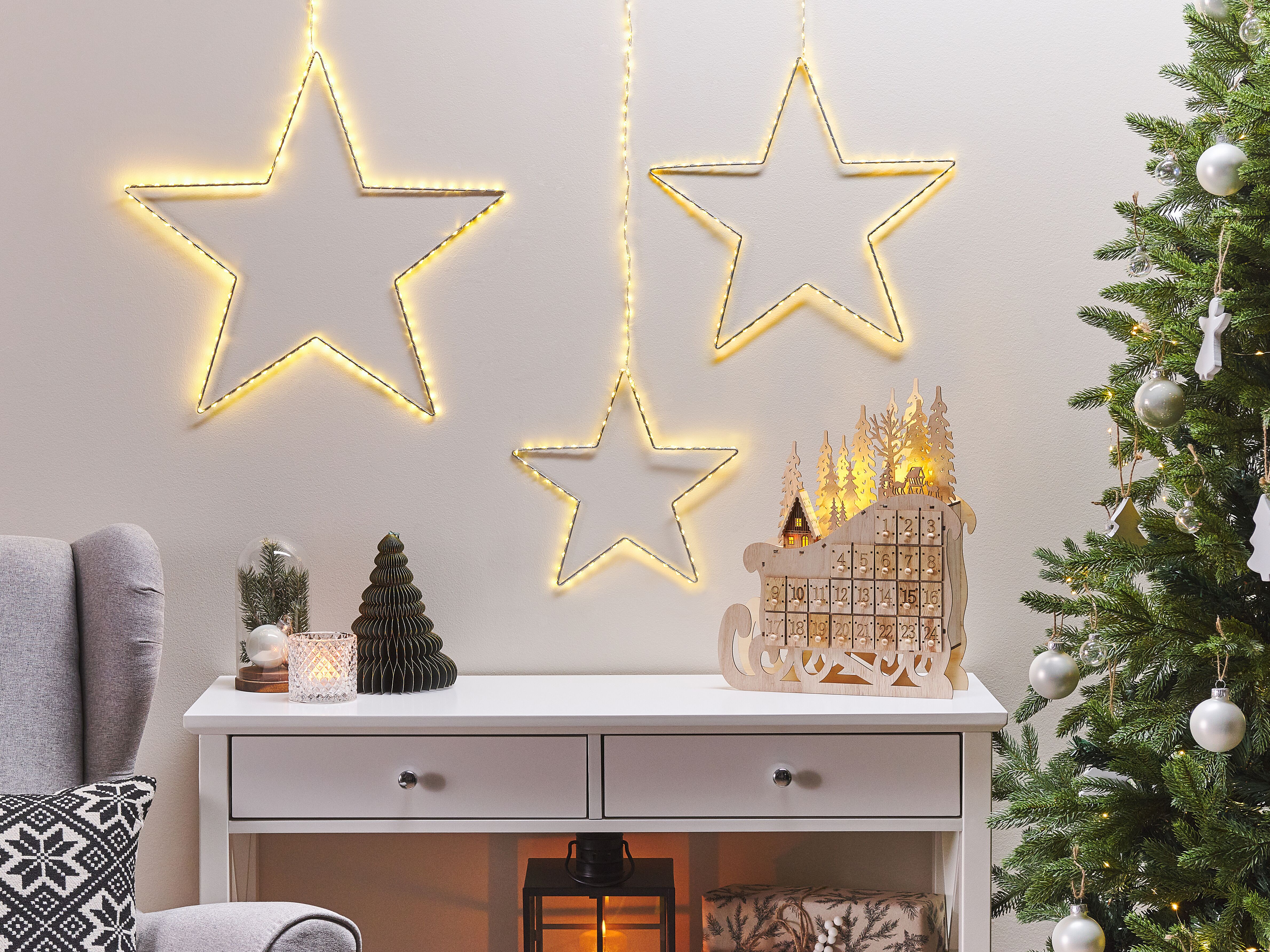 Set of 3 Hanging Decorations LED KUNNARI Star 50/40/30 cm Silver