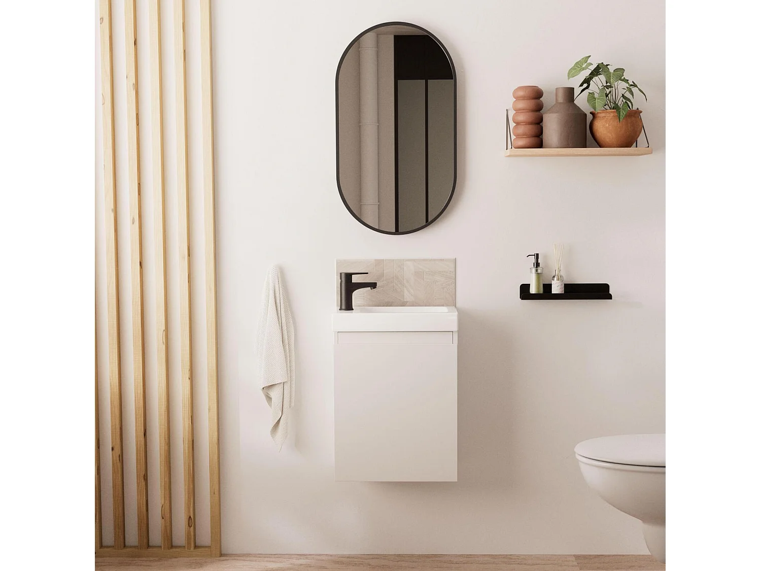 Meuble lave-mains LISA + robinet noir + miroir ovale
