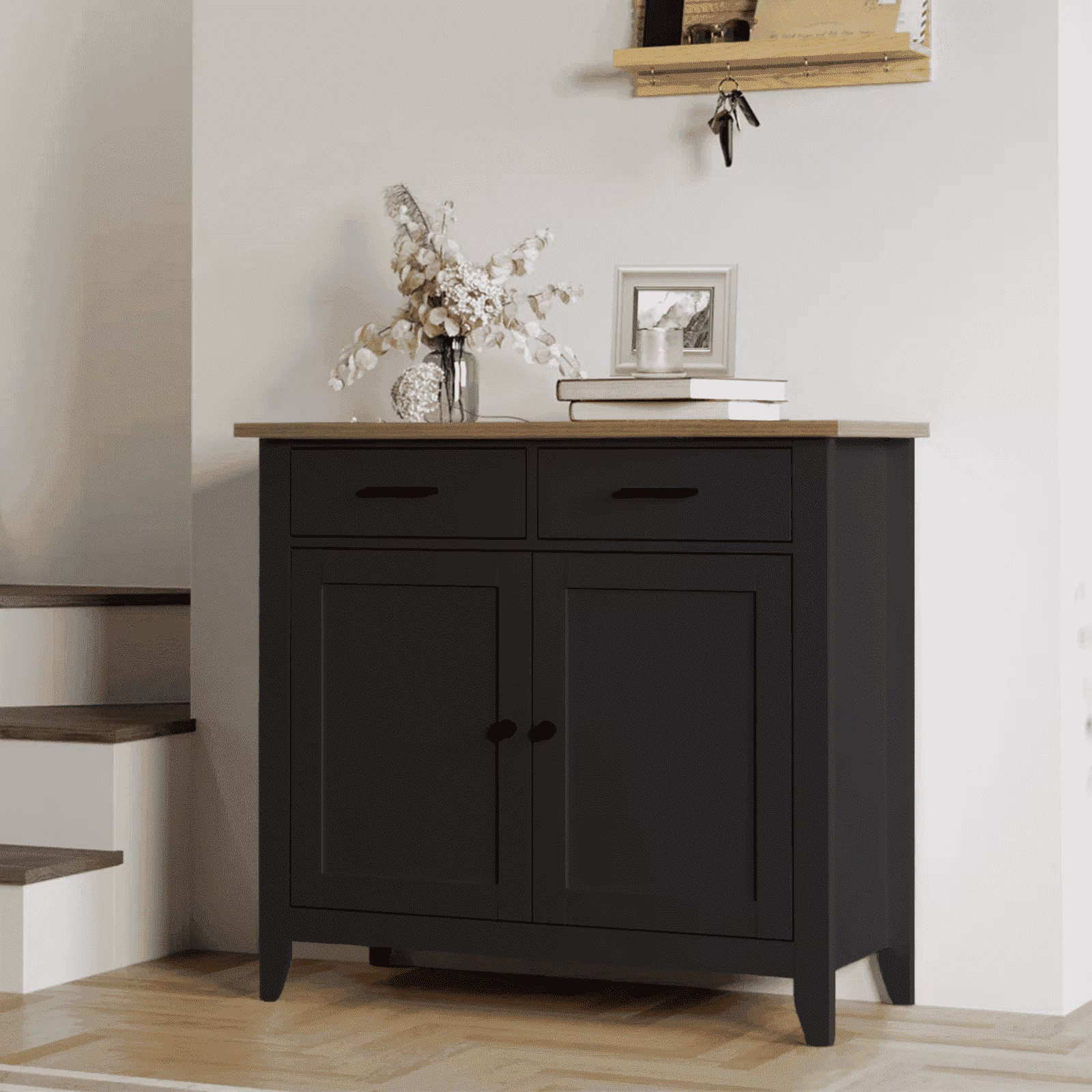 Homfa Entryway Cabinet, Kitchen Storage Cabinet, Farmhouse Buffet Sideboard with 2 Drawers and 2 Doors,Coffee Bar with Storage for Dining Room Living Room,White - Image 3