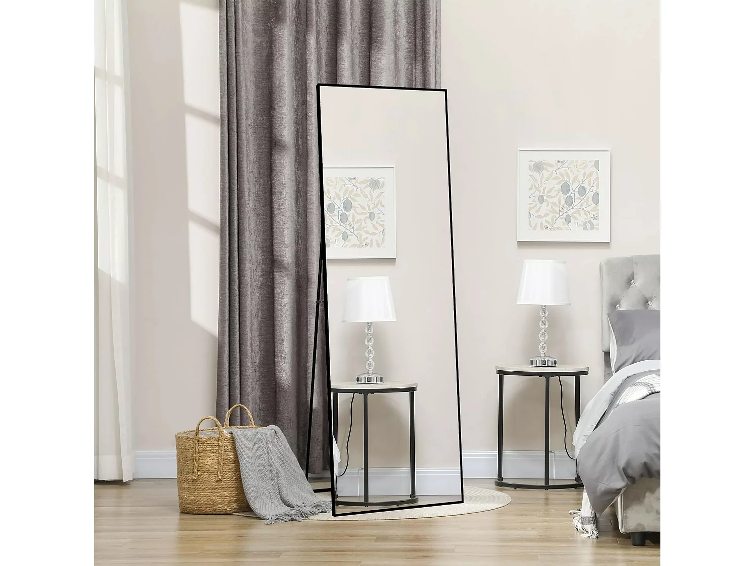 Miroir sur pied 164 x 54 cm - miroir autoportant, à accrocher ou à poser contre un mur - grand miroir sur pied - noir