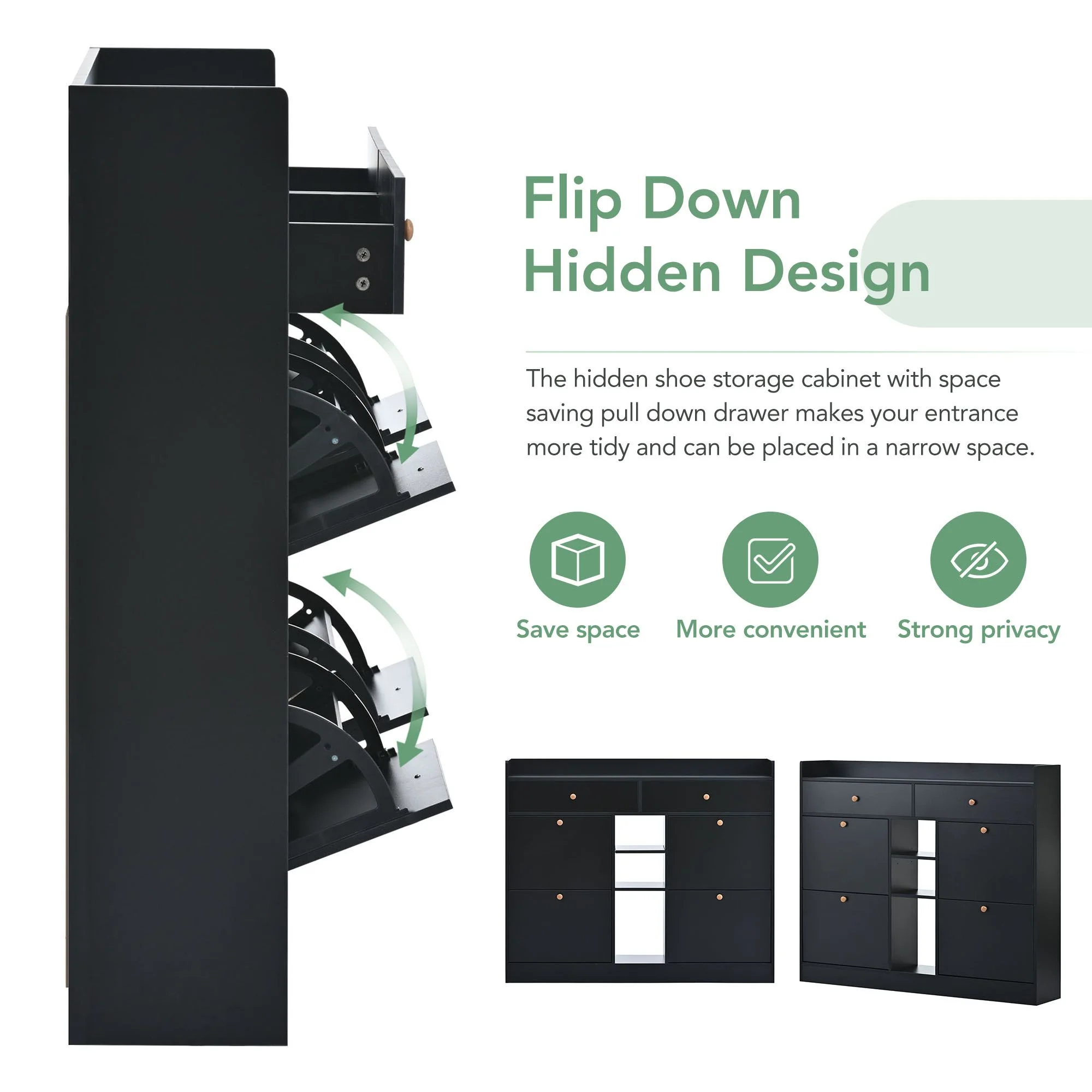 Aukfa Shoe Cabinet with 4 Flip Drawers and 2 Storage Drawers- Black - Image 5
