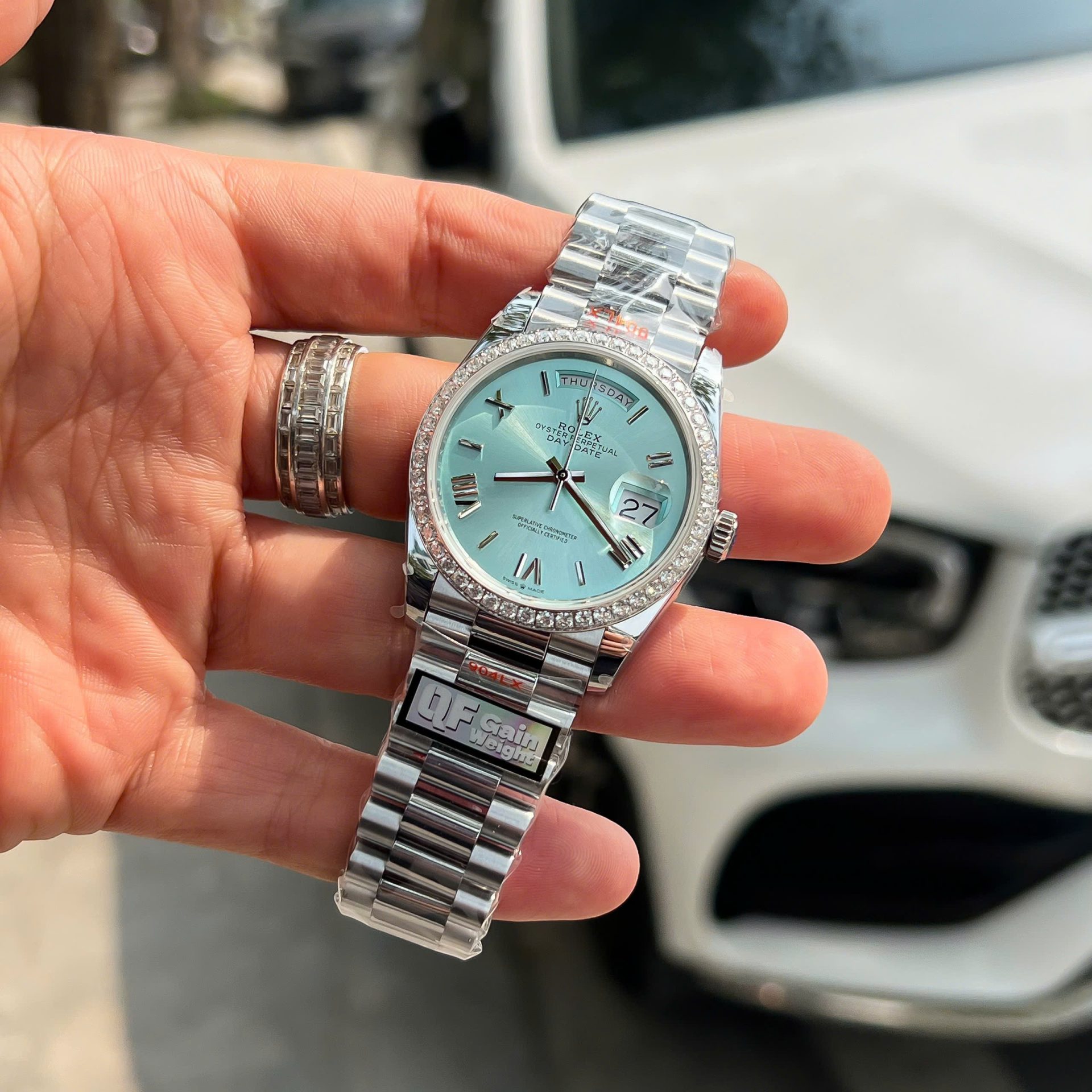 Rolex Replica Watches Watch Day-Date Ice Blue Weight 158Grams Bezel Diamonds Moissanite QF 36mm - Elite Watch Atelier