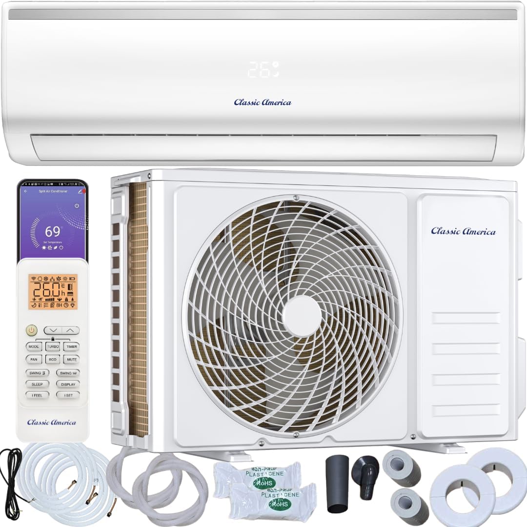 Vtronix Classic America 12000 BTU Smart Mini Split AC/Heat Pump, 19 SEER2 Inverter Ductless Wall Mount, 110/120V, Quiet 29dB, WiFi/Alexa, Pre-Charged, 16ft Line Set Kit, Up to 550 Sq Ft