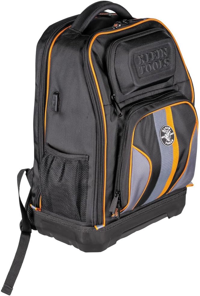 Klein Tools 62805BPTECH 28-Pocket Laptop Backpack Tool Bag, Tradesman Pro Extra-Large Tech Tool Backpack with Molded Bottom, Charging Port