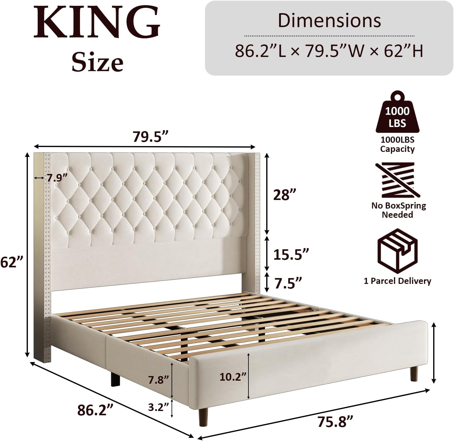 King Size Bed Frame, Upholstered Platform Bed with 62