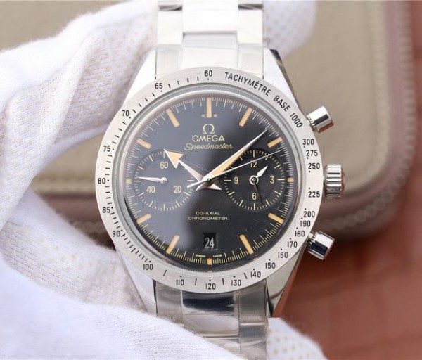 Replica Omega OMF Speedmaster 57 Co-Axial Black Dial Brown Markers SS Bracelet A9300 - Elite Watch Atelier