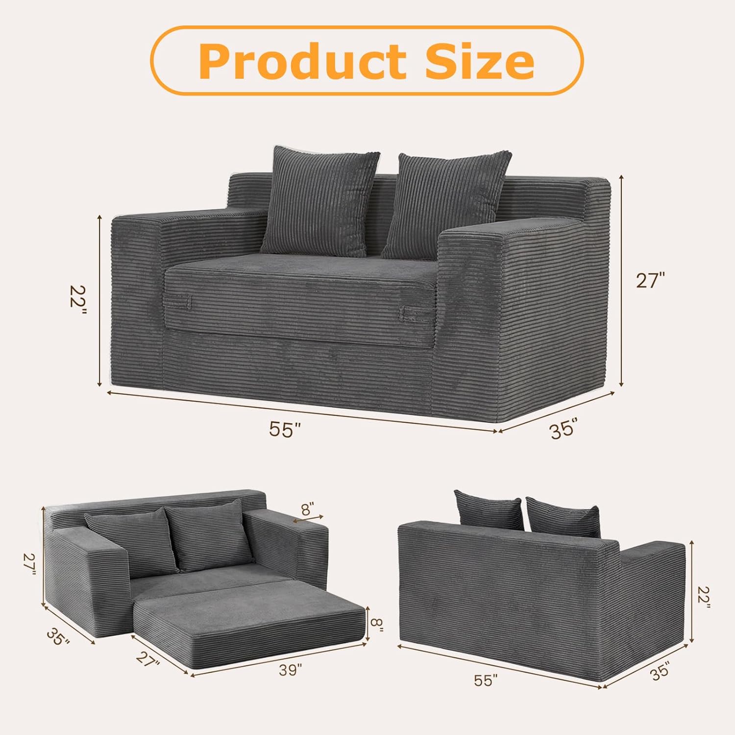 Winzon Boneless Loveseat, 3 in 1 Convertible Sofa Bed Sleeper Sofa Floor Futon Bed with 4 Pillows, 55