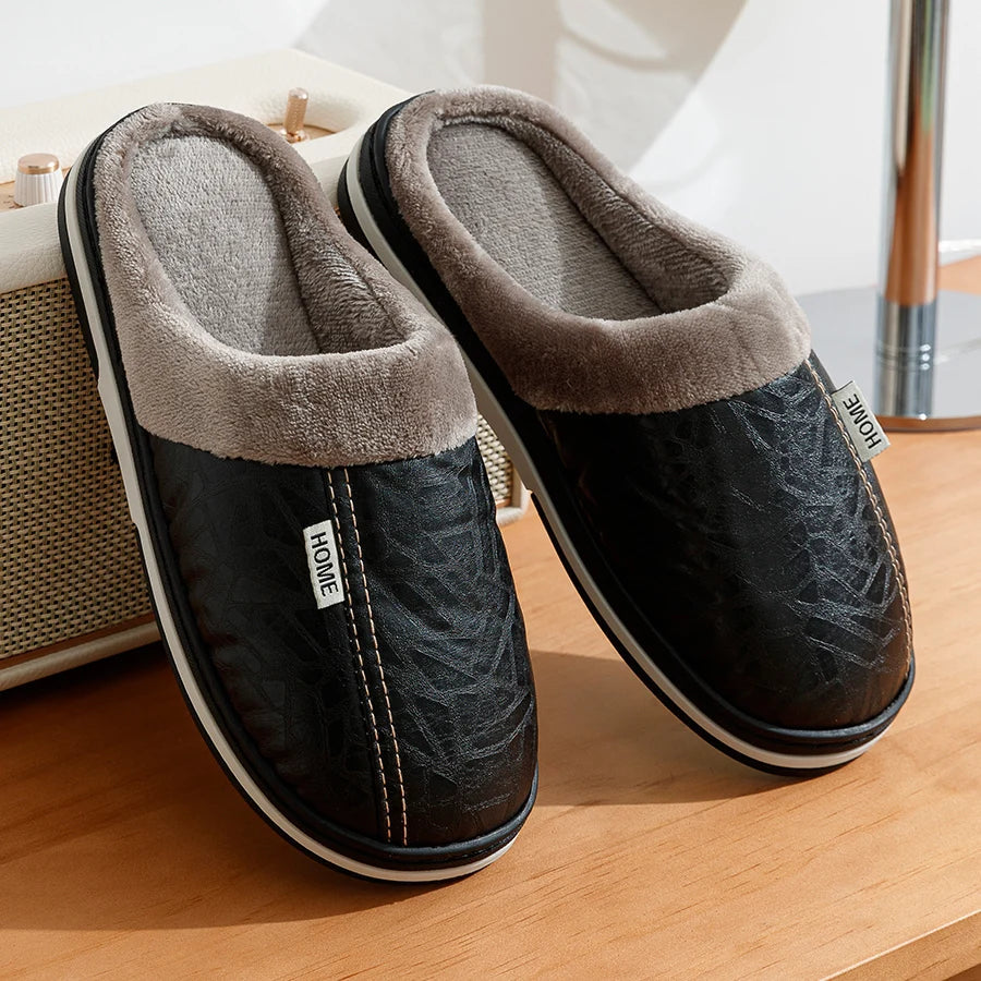 Comfortabele Heren Winterpantoffels van Waterdicht PU-leer met Pluche Voering