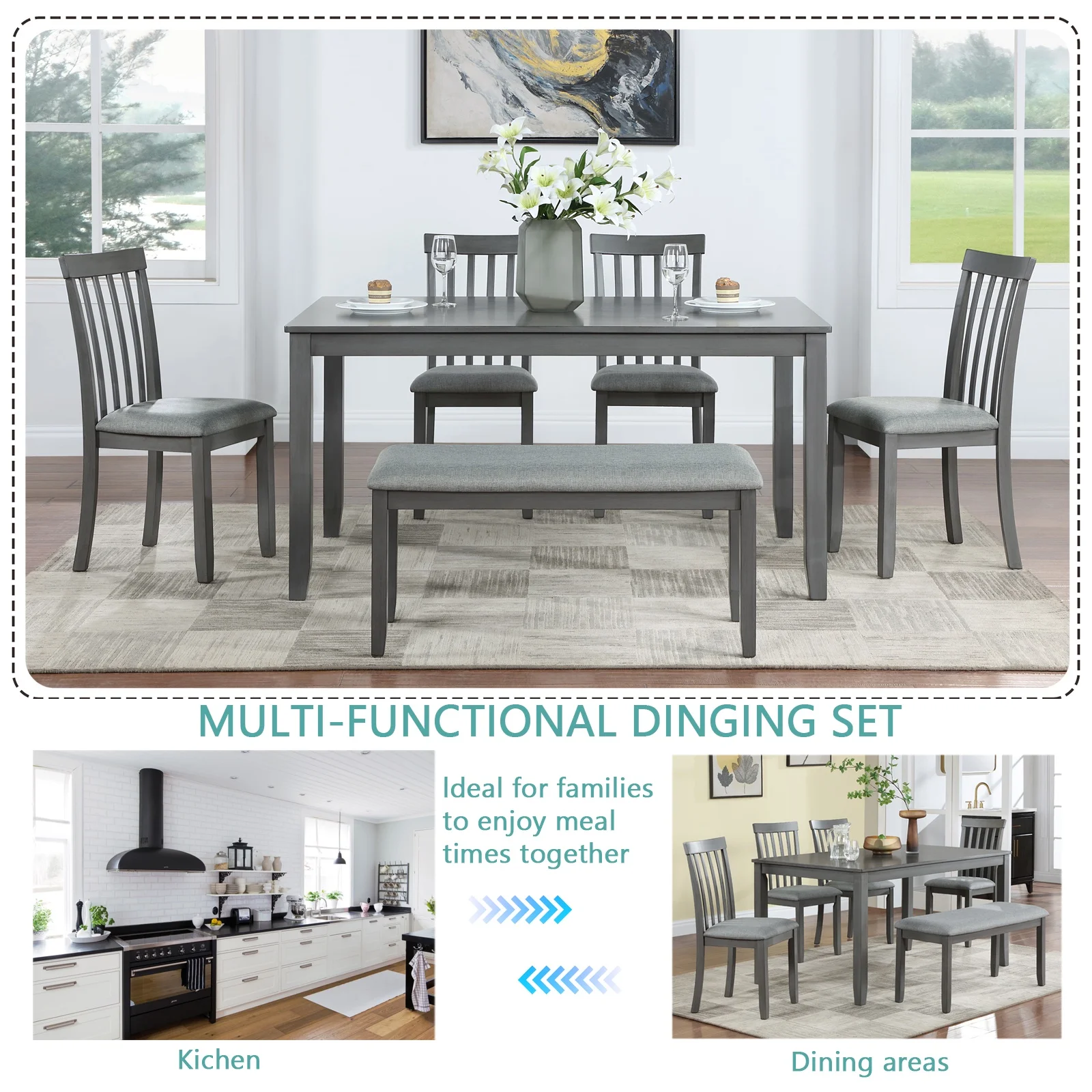 Dining Room Set, LEGAHOME 6 Piece Dining Sets with Bench and Chairs, Solid Wood Kitchen Dining Table Set for 6 with Upholstered Chairs, Gray - Image 23