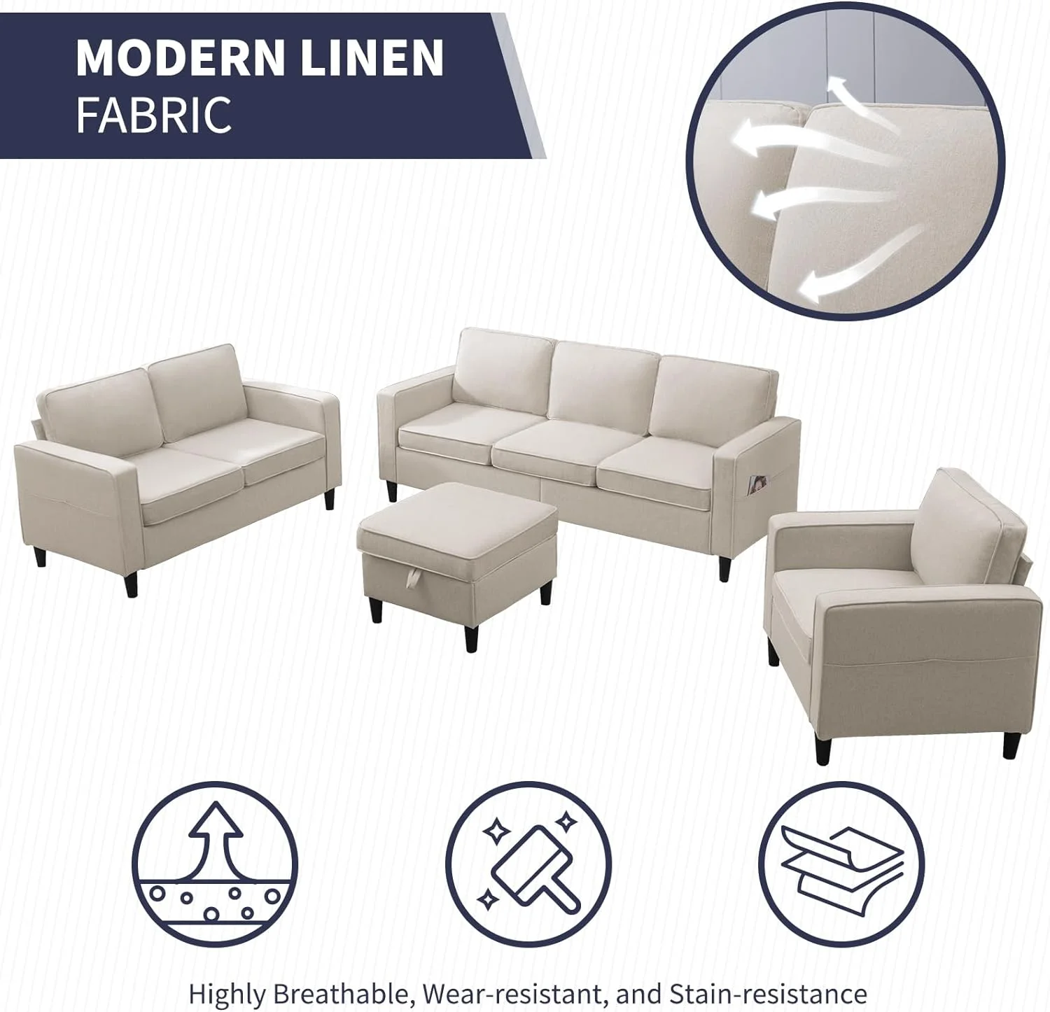 ijuicy Sectional Sofa Set,3PCS Living Room Furniture Couch Sets with Movable Storage Ottoman & Side Pockets,Include Sofa,Loveseat&Chair,Dark Gray - Image 21