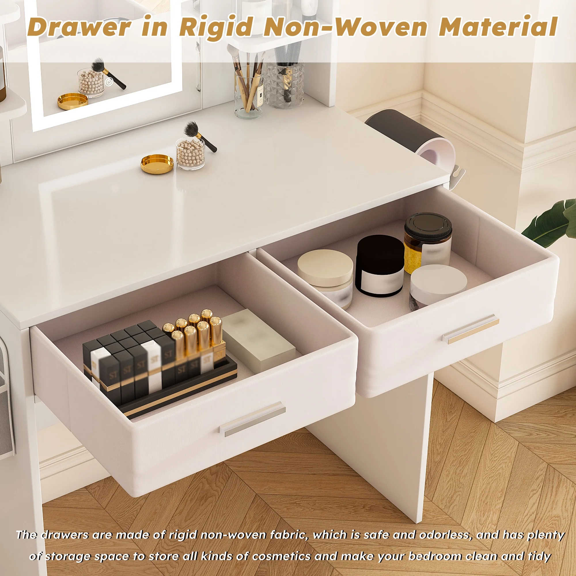 Montary Modern Mini Vanity w/Adjustable LED Mirror + Hidden Storage, Padded Stool & Dustproof Shelves (White) - Image 96