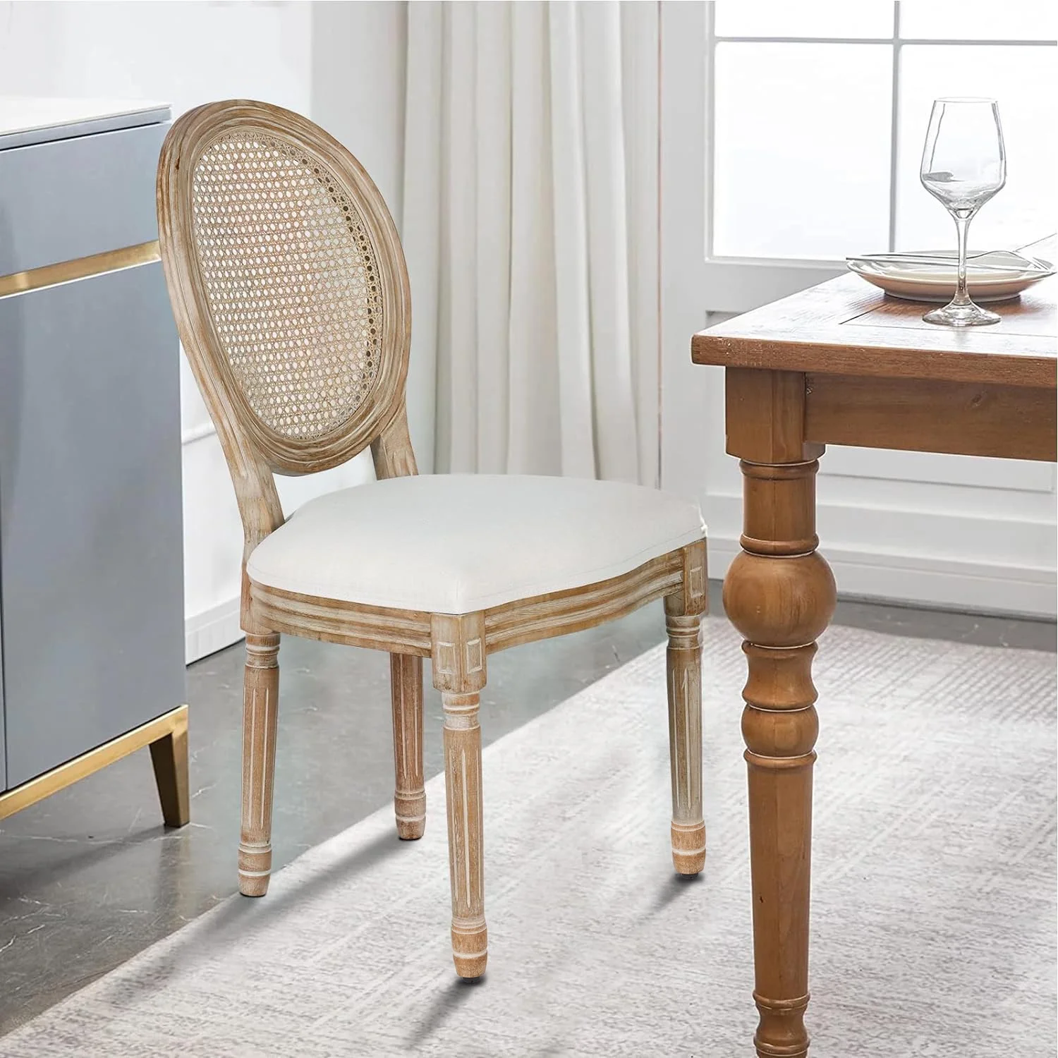French Dining Chairs Set of 2 Beige Natural Fabric Round Back with Solid Wood Legs and Frame for Bedroom Dining Room Kitchen - Image 20