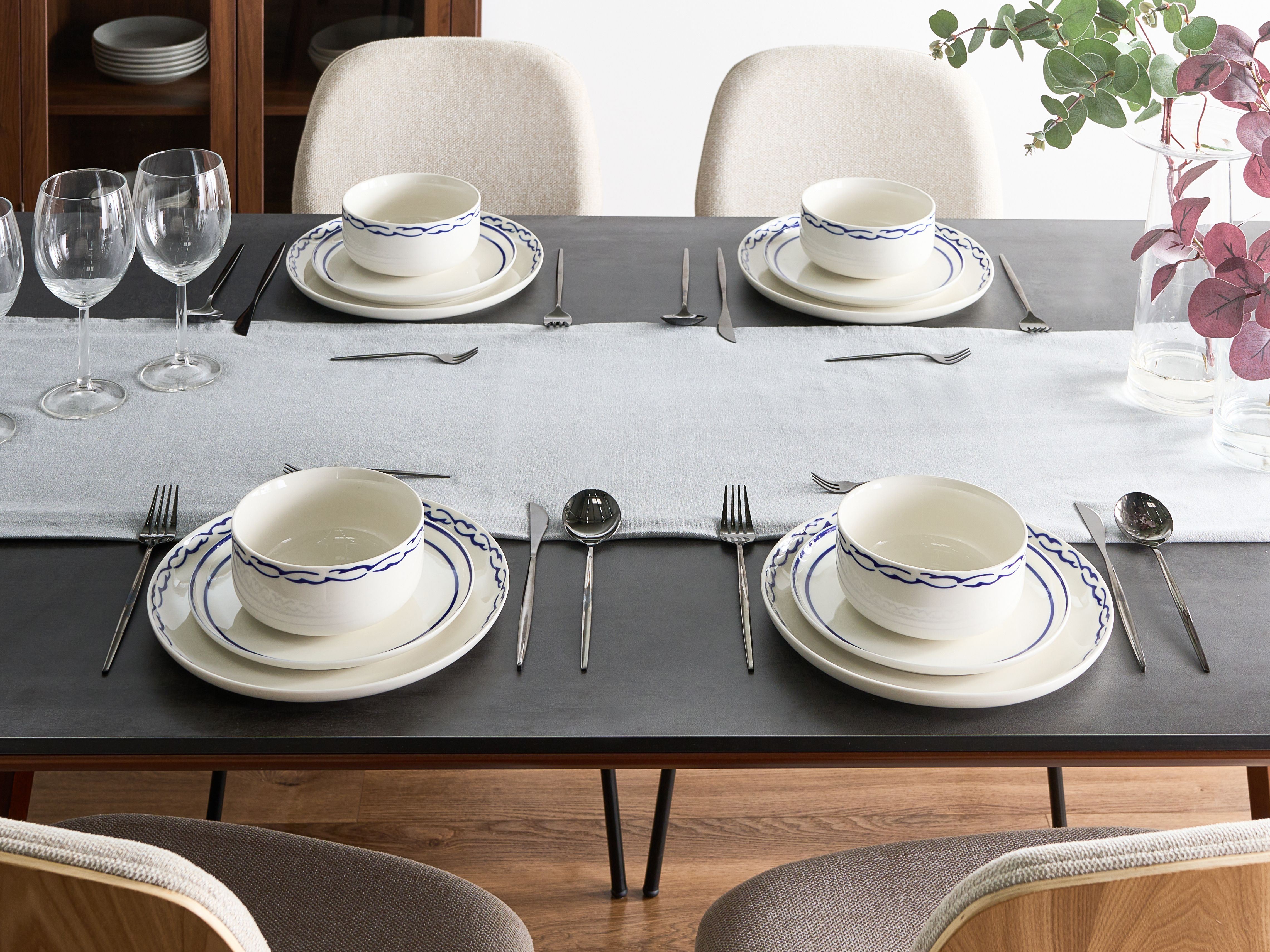 Set of 24 Dinnerware AMCHUR Porcelain White/ Blue