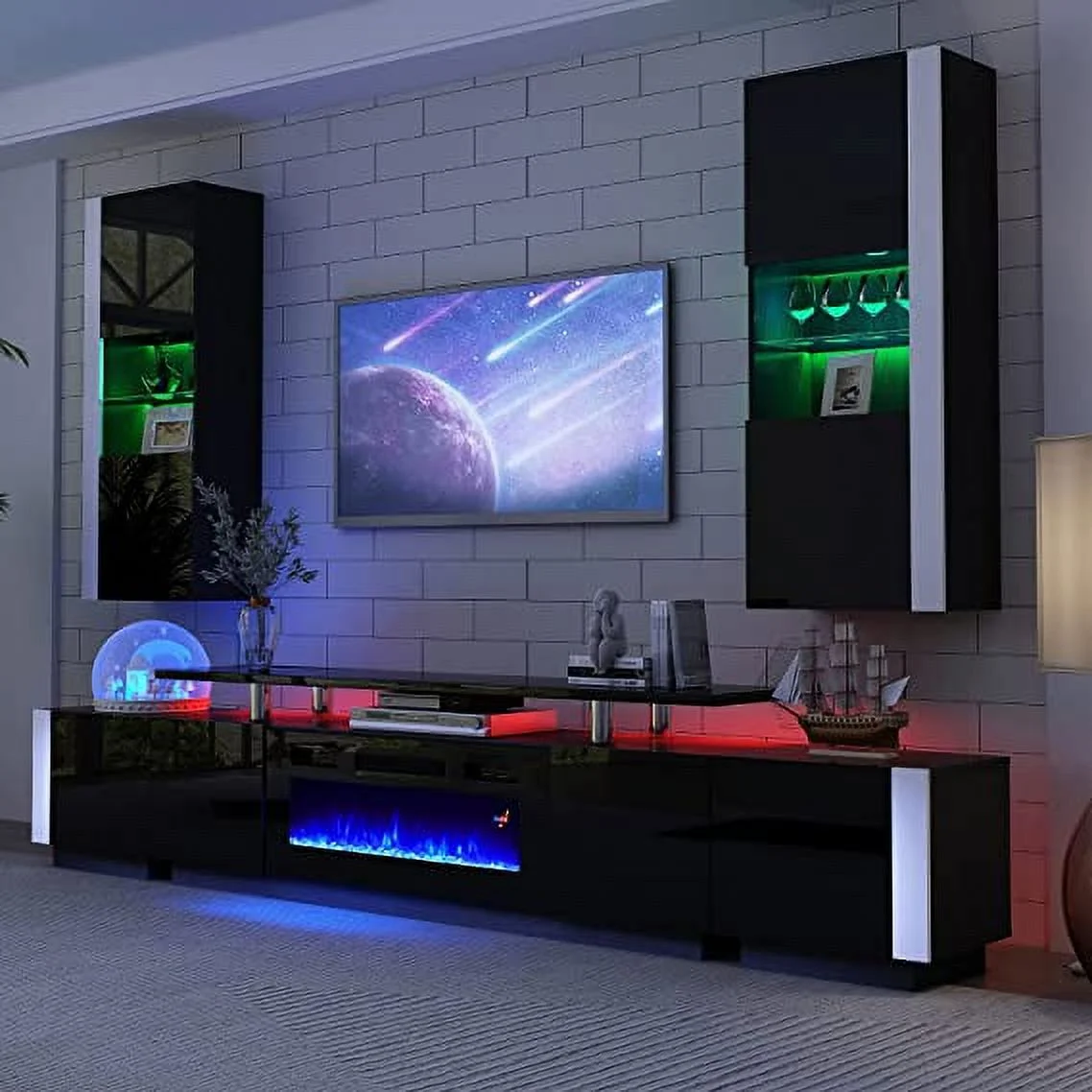 VANACC Modern Wall Storage Cabinets with LED Lights, Hanging Cabinets with Closed Doors & Open Shelves, Black
