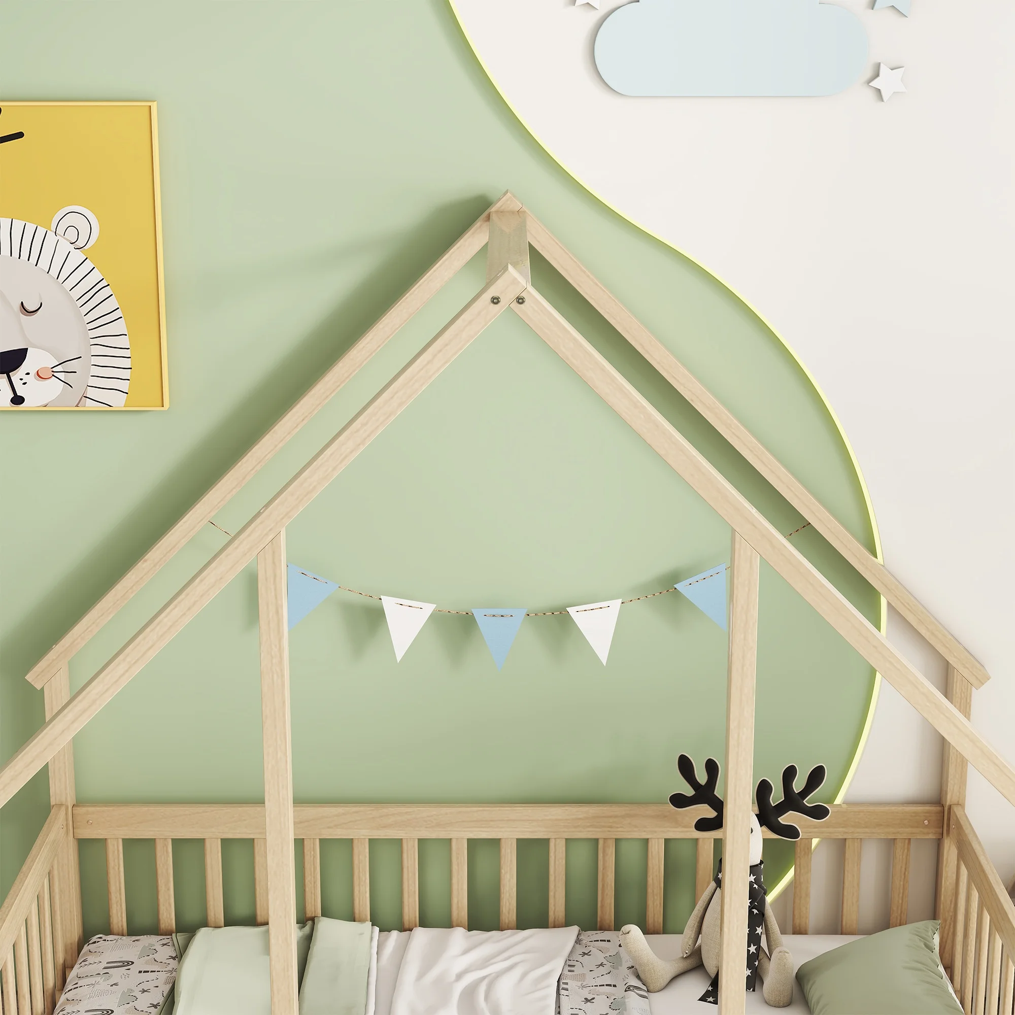 Bellemave Twin Size Floor Bed Frame, Wooden House Bed Twin Size with Fence, Montessori Bed with Guardrails for Bedroom (White) - Image 42