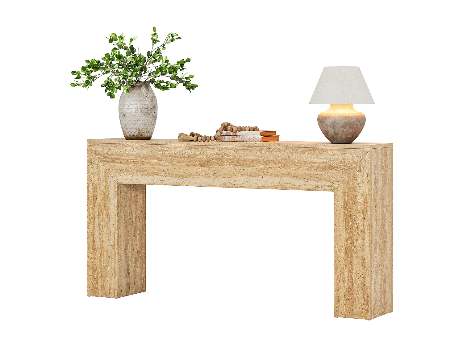 Table d'entrée de 160 cm, console étroite et longue pour canapé avec finition imitation travertin et pieds robustes