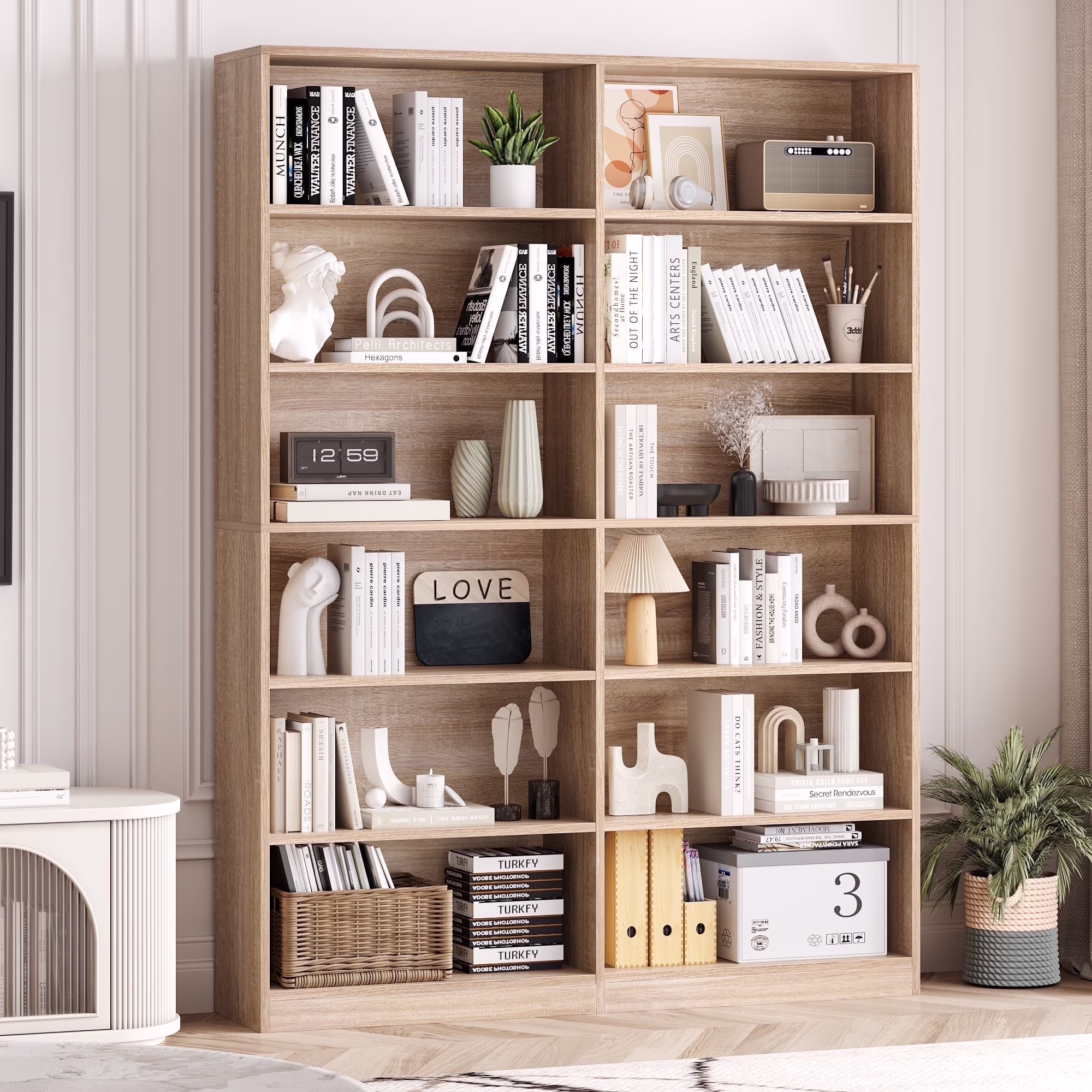 Homfa 74.3�� Double Wide 6-Tier Bookcase, Extra Large Wooden Freestanding Display Bookshelf for Home Office Living Room, White - Image 3